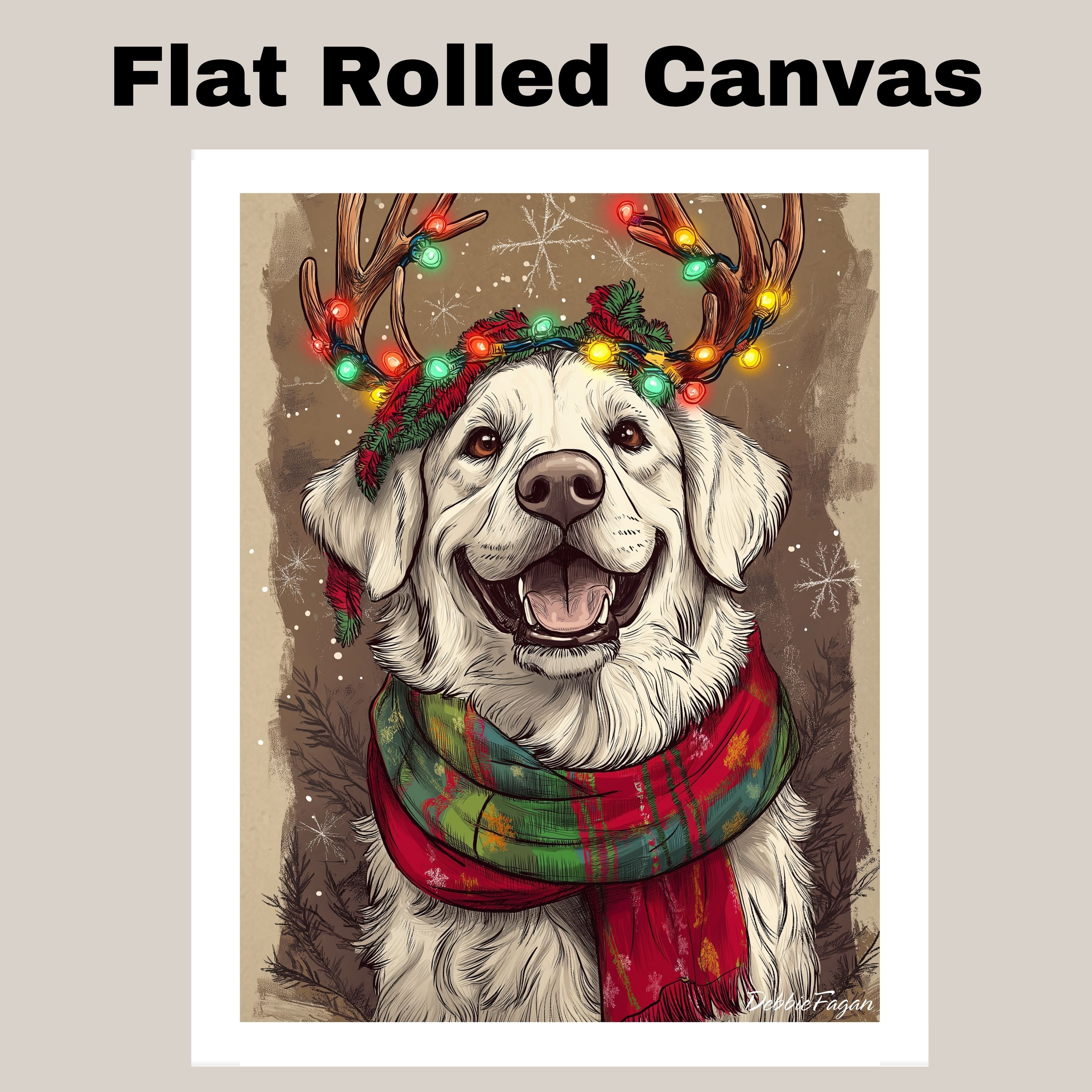 Christmas Bliss - 'Snowy Sparkles' - Dog with Lit Antlers & Festive Scarf on Rustic Canvas, Ready to Hang 1.5" Thick Canvas Wrap, Floating Framed Canvas, Flat Rolled Canvas