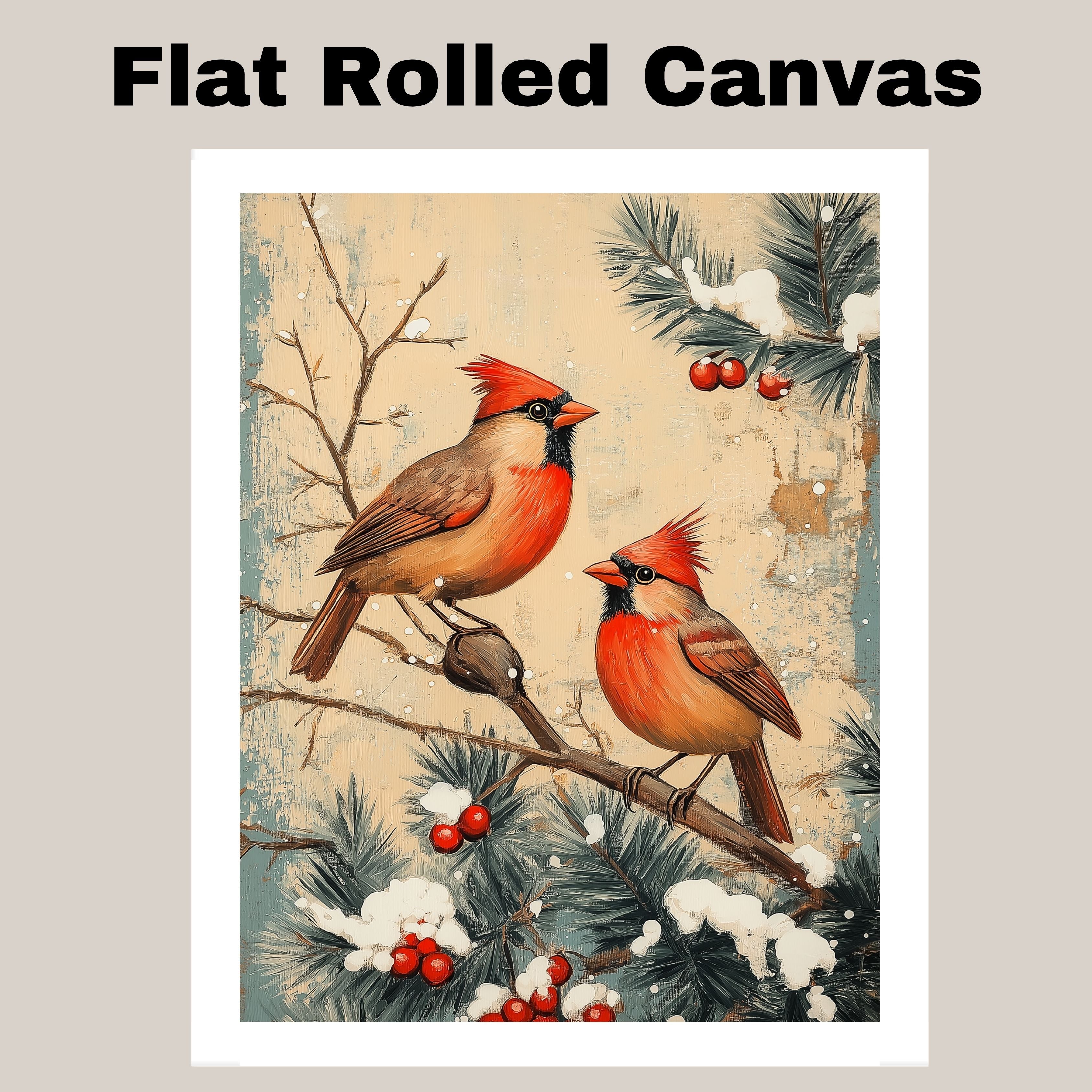 Charming Retro Style Painting of Two Cardinals on Snowy Branches with Pine and Red Berries Perfect for Christmas Decoration or Winter Nature Themed Gift on Ready to Hang 1.5" Thick Canvas Wrap, Floating Framed Canvas, Flat Rolled Canvas