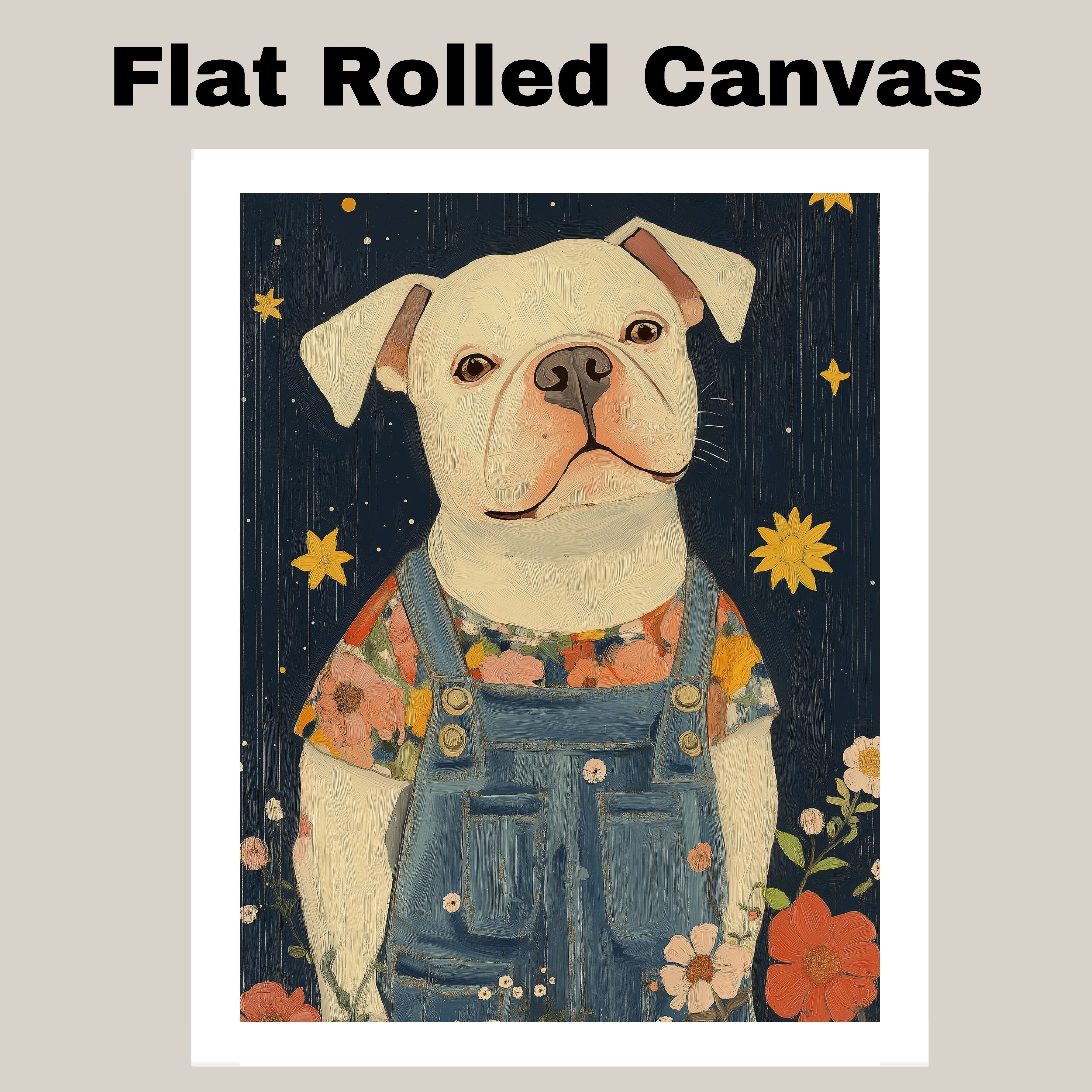 Adorable White Dog in Overalls Floral Shirt Whimsical Animal Art for Nursery Farmhouse Rustic Decor Cute Dog Lover Gift Perfect for Bedroom or Living Room on Ready to Hang 1.5" Thick Canvas Wrap, Floating Framed Canvas, Flat Rolled Canvas