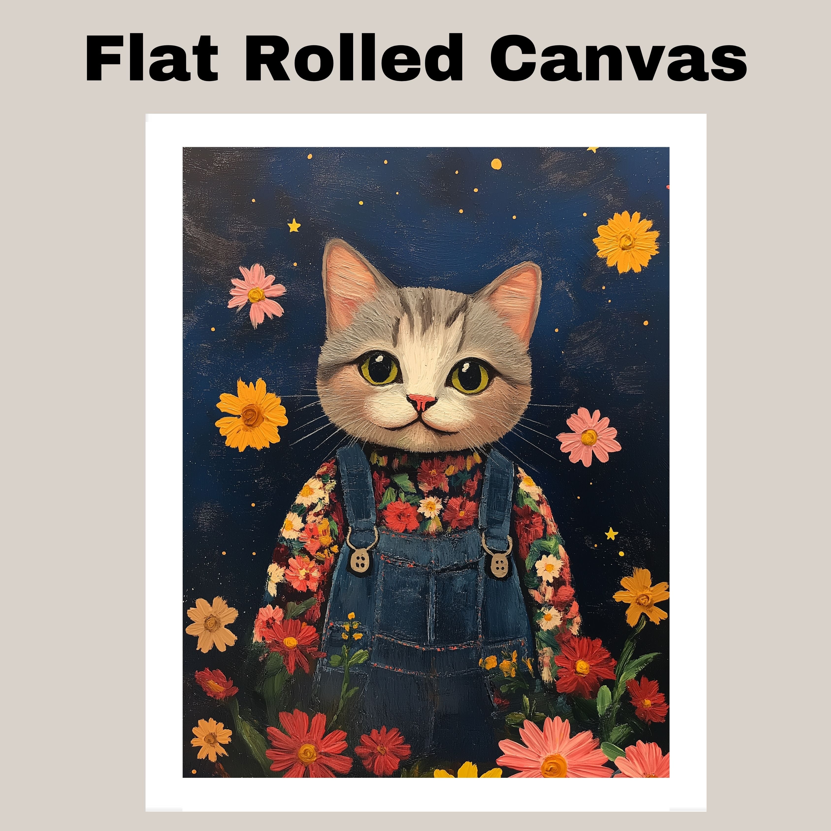 Adorable Gray Tabby Cat in Overalls Hand Painted Floral Art Whimsical Night Scene Perfect for Nursery Kids Room Bedroom Wall Decor or Gifts for Cat Lovers on Ready to Hang 1.5" Thick Canvas Wrap, Floating Framed Canvas, Flat Rolled Canvas