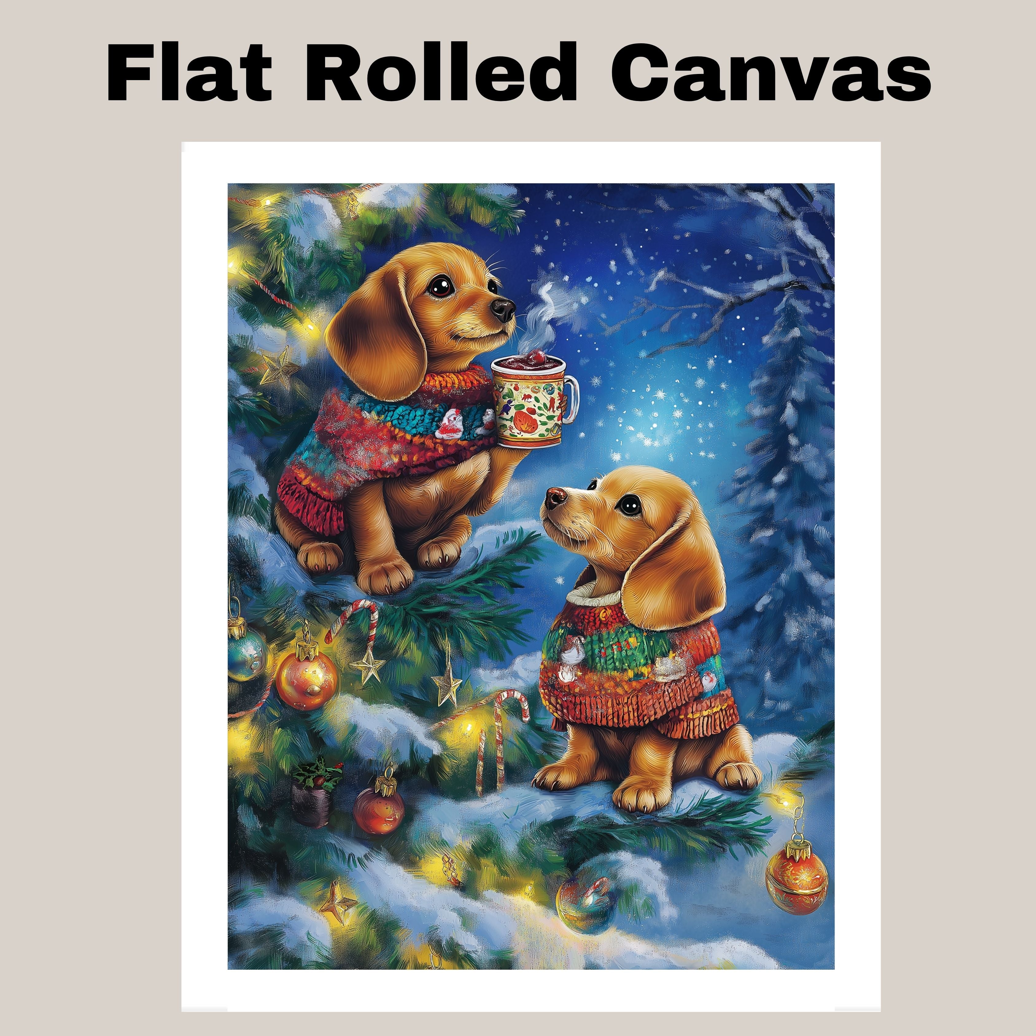Christmas Dachshund Puppies in Festive Sweaters with Hot Cocoa and Ornaments in a Snowy Night Scene Art Print for Holiday Home or Nursery Display on Ready to Hang 1.5" Thick Canvas Wrap, Floating Framed Canvas, Flat Rolled Canvas