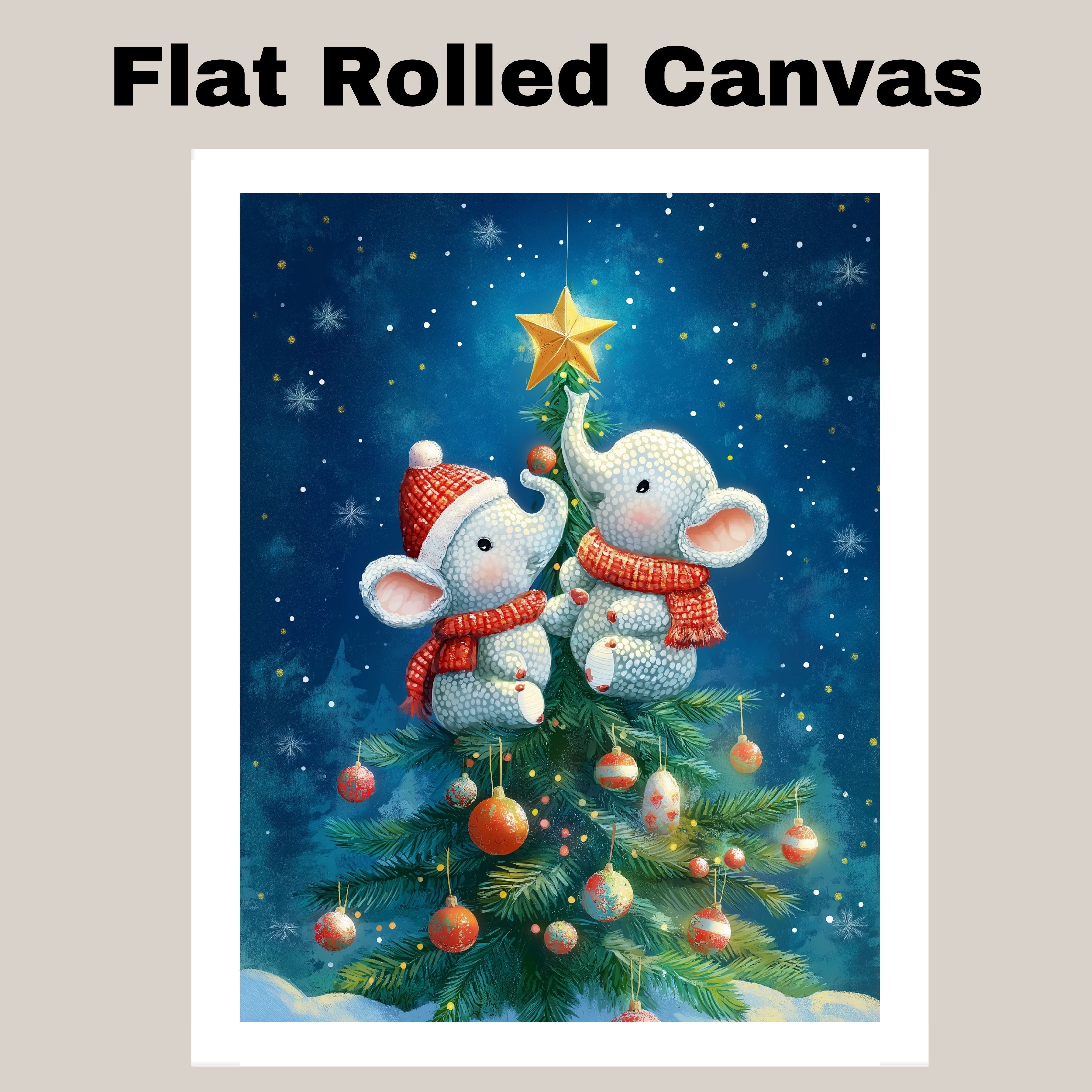 Baby Elephants Decorating Christmas Tree with Star and Ornaments in Winter Wonderland Scene Holiday Art Print for Nursery or Festive Seasonal Decor on Ready to Hang 1.5" Thick Canvas Wrap, Floating Framed Canvas, Flat Rolled Canvas