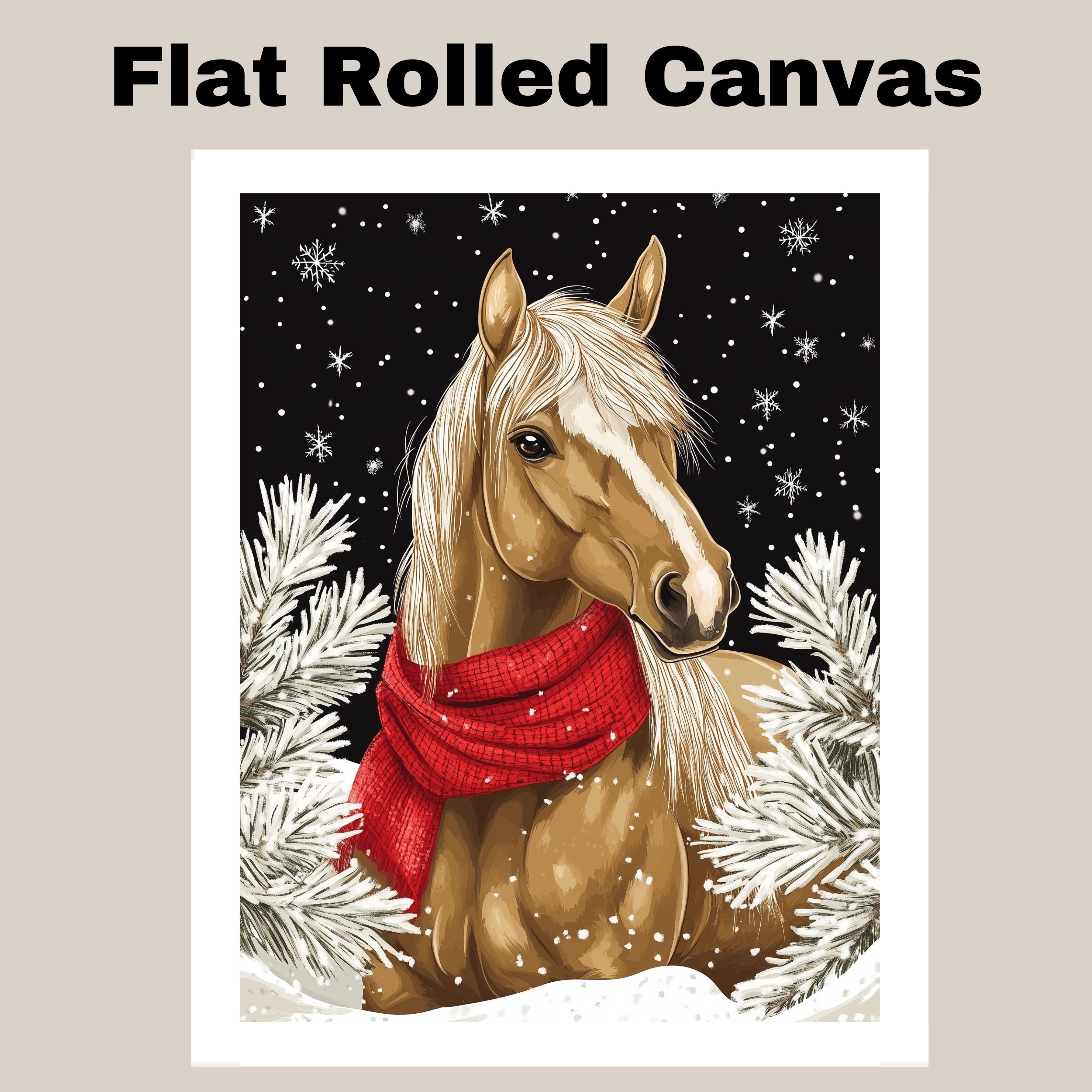 "Winter Whisper Horse" - Horse in Red Scarf in Serene Snowy Landscape on Ready to Hang 1.5" Thick Canvas Wrap, Floating Framed Canvas, Flat Rolled Canvas