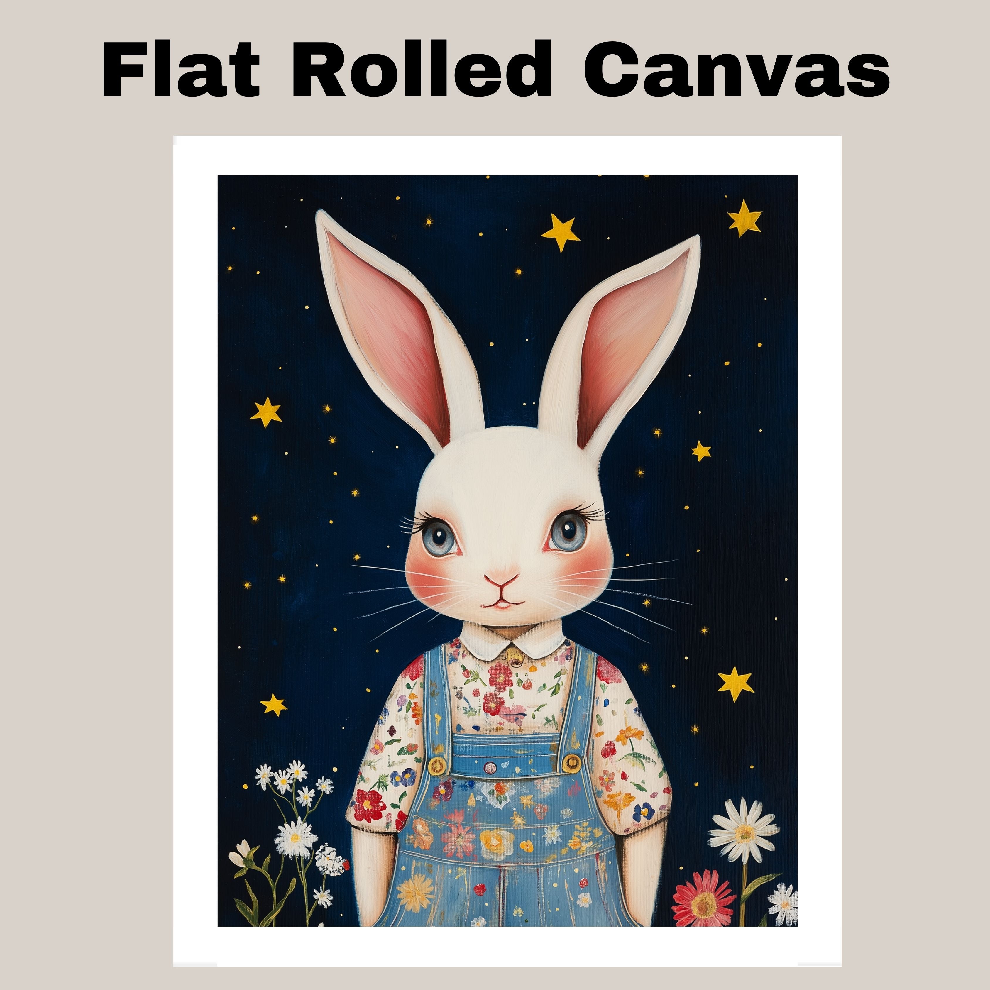 Adorable White Bunny in Floral Overalls Hand Painted Art Magical Starry Night Scene Perfect for Nursery Kids Room Home Wall Decor Bedroom or Gift on Ready to Hang 1.5" Thick Canvas Wrap, Floating Framed Canvas, Flat Rolled Canvas