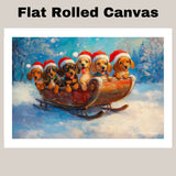 "Dachshund Sleigh Ride" - Adorable Doxie in Santa Hats Enjoying a Joyful Journey Through a Snowy Winter Forest on Ready to Hang 1.5" Thick Canvas Wrap, Floating Framed Canvas, Flat Rolled Canvas