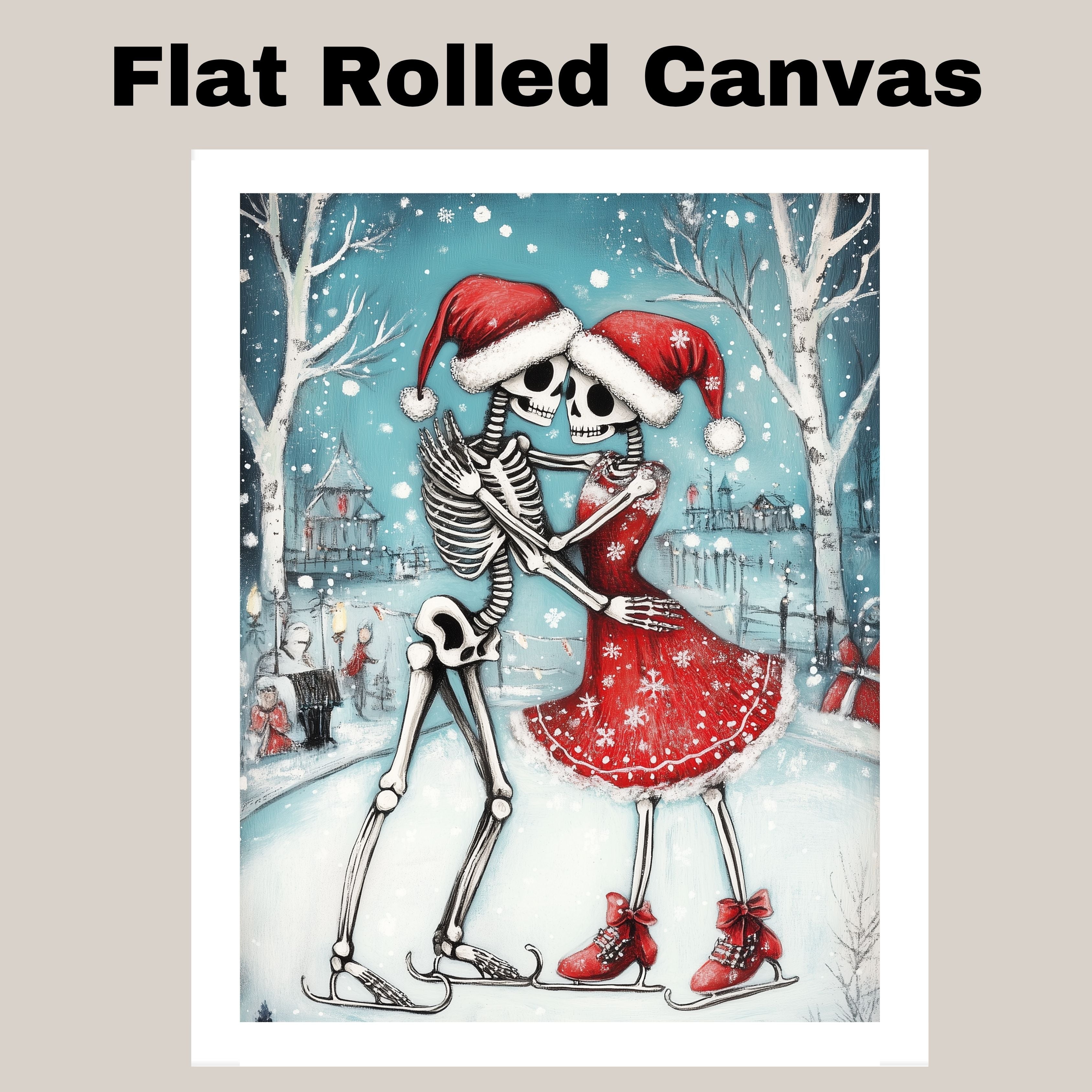 Whimsical Skeleton Couple Ice Skating Christmas Art – Gothic Holiday Romance Wall Print, Festive Skeleton Love in Red Santa Hats, Spooky Cute Winter Decor on Ready to Hang 1.5" Thick Canvas Wrap, Floating Framed Canvas, Flat Rolled Canvas