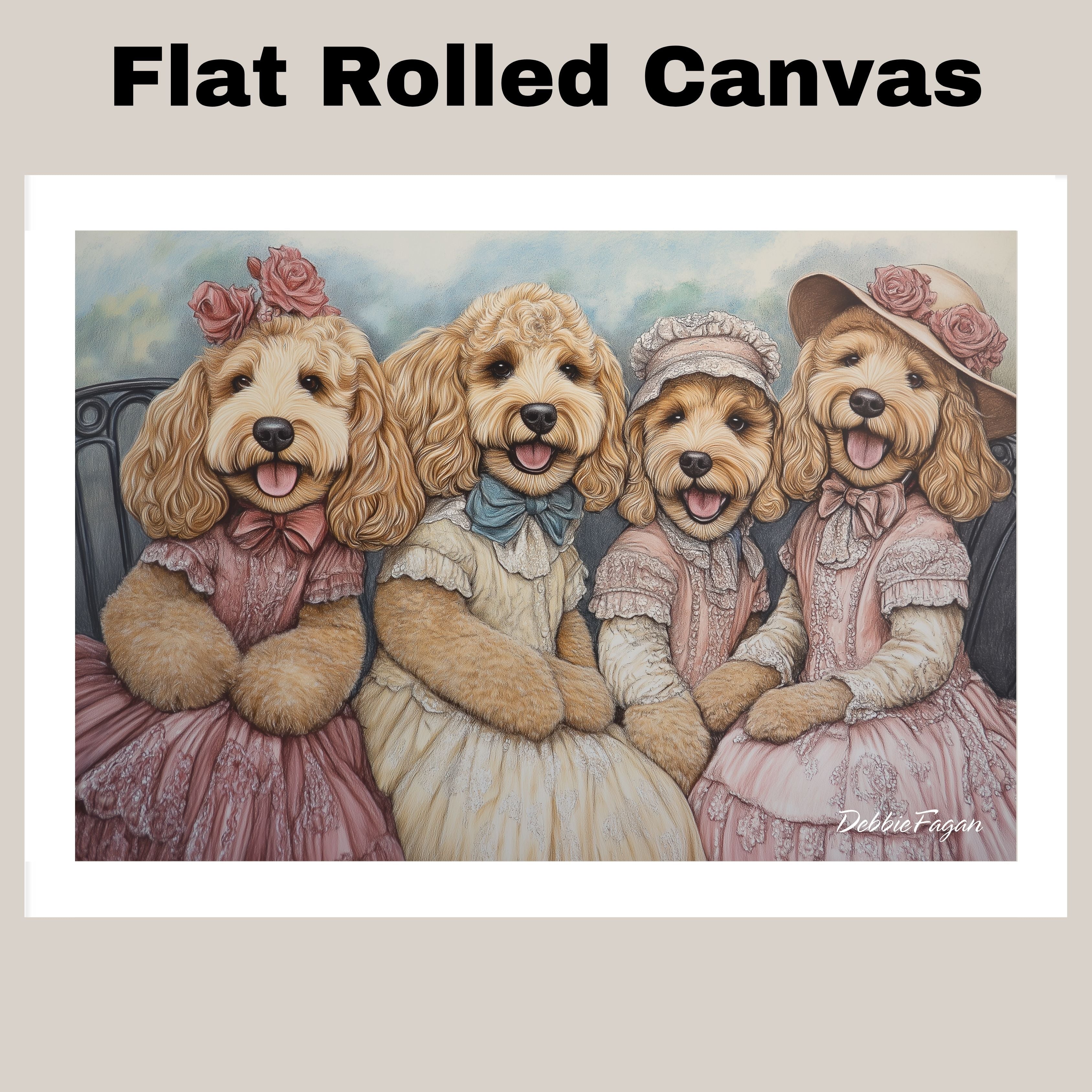 Dog Christmas Canvas  - "Victorian Doodle Charm" - Adorable Goldendoodles Dressed in Elegant Victorian Attire on Ready to Hang 1.5" Thick Canvas Wrap, Floating Framed Canvas, Flat Rolled Canvas