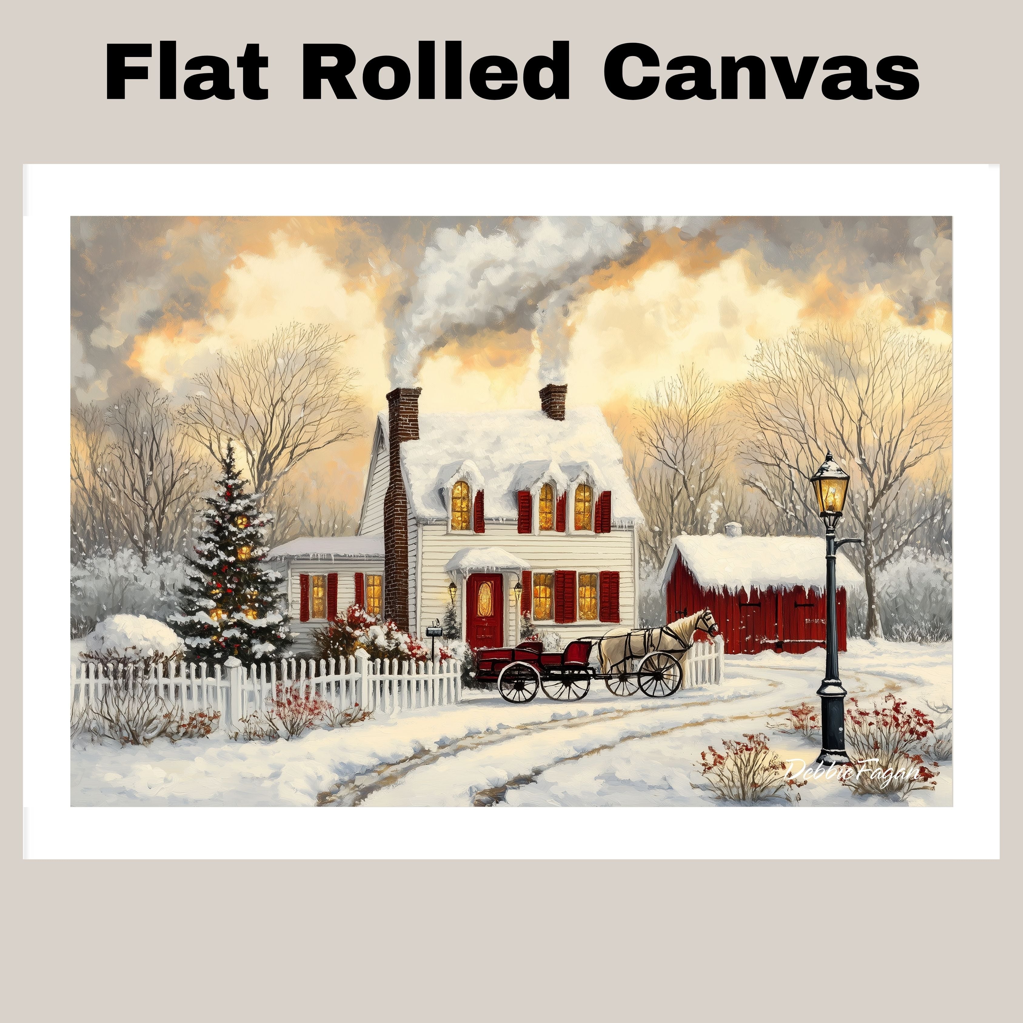 Winter Farmhouse – Cozy Snow-Covered Country Home with Red Barn, Trees and Horse Wall Art Print on Ready to Hang 1.5" Thick Canvas Wrap, Floating Framed Canvas, Flat Rolled Canvas