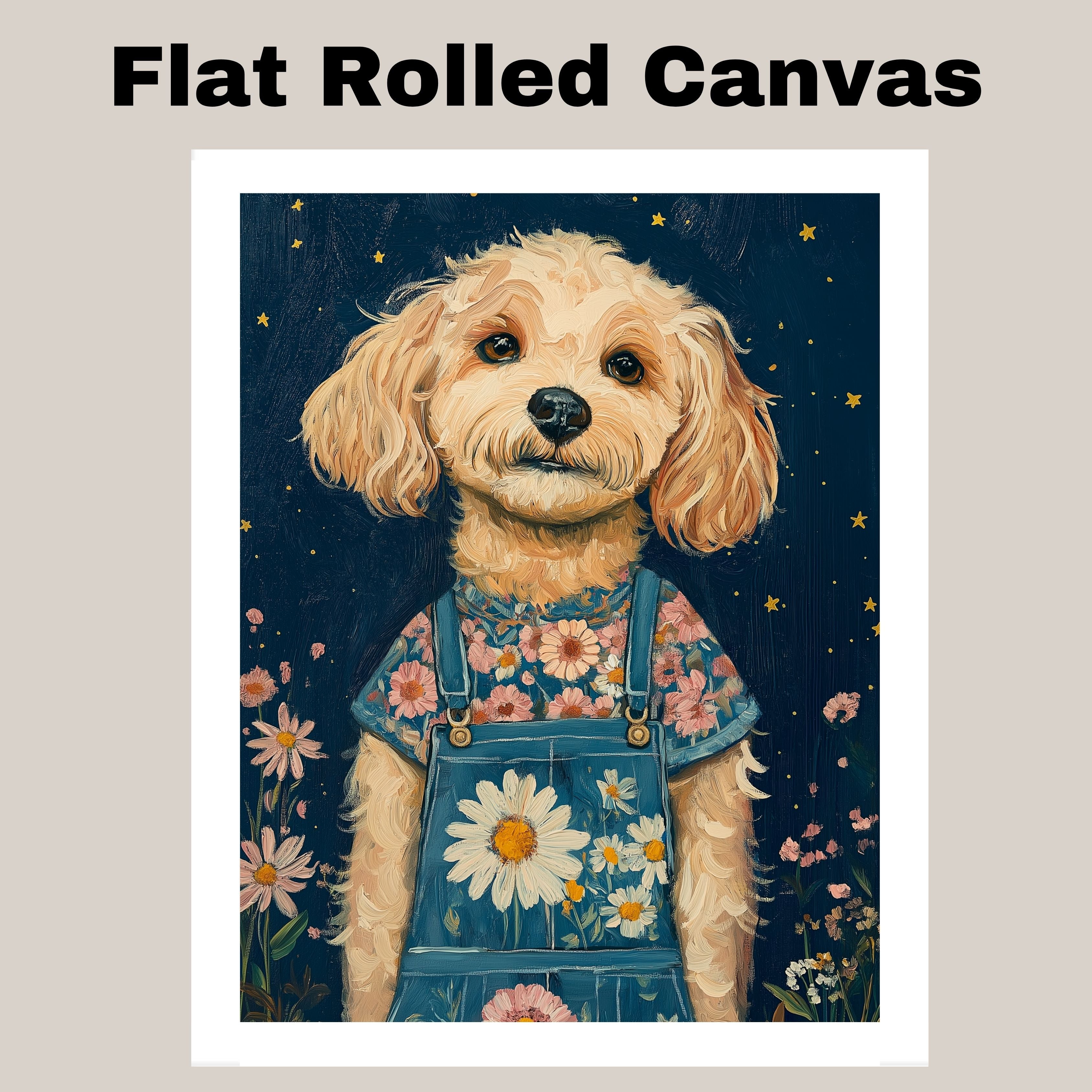 Charming Dog in Overalls with Floral Shirt Whimsical Animal Art for Nursery Rustic Farmhouse Decor Cute Dog Lover Gift Wall Print for Bedroom or Living Room on Ready to Hang 1.5" Thick Canvas Wrap, Floating Framed Canvas, Flat Rolled Canvas
