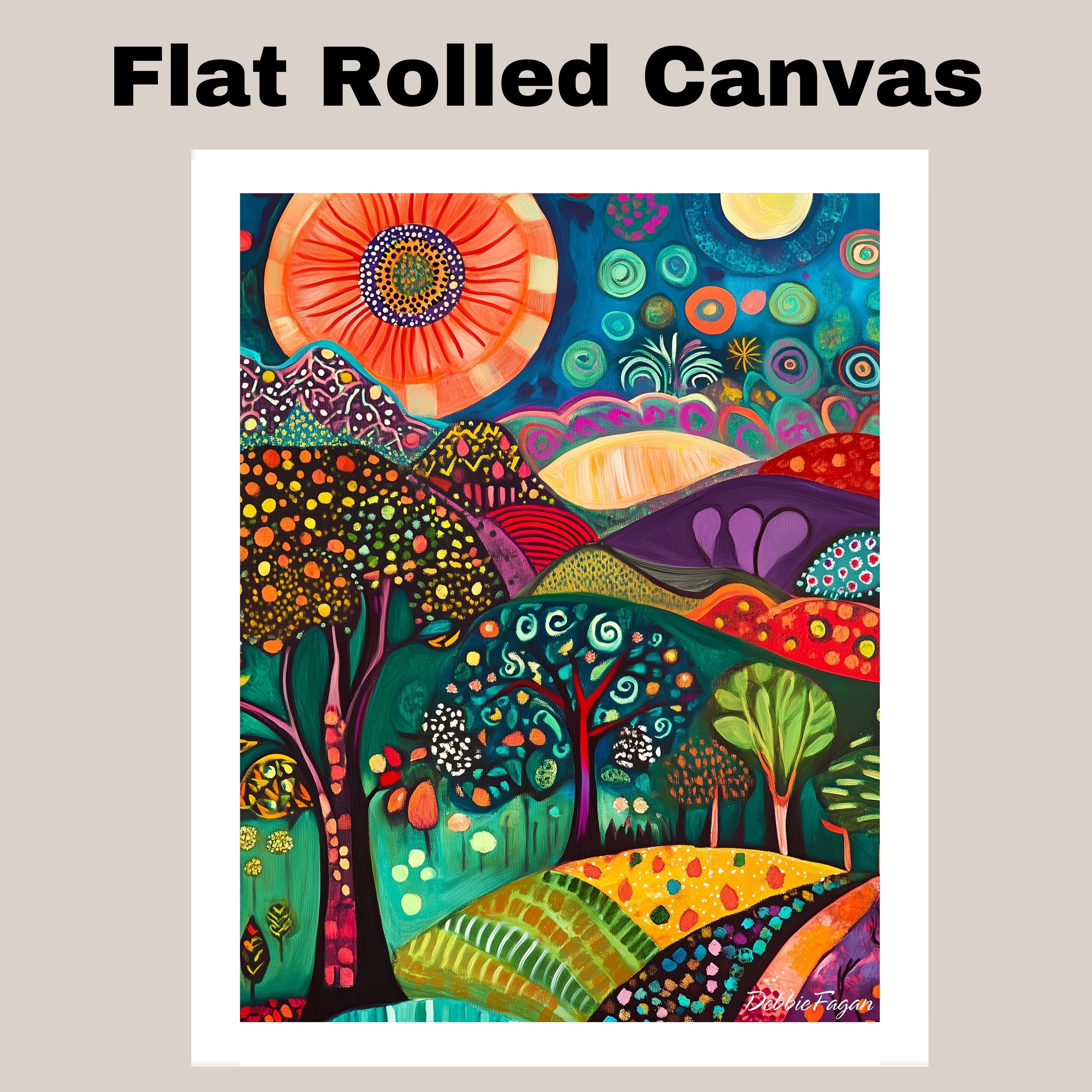Vibrant Folk Art Landscape Canvas – Colorful Trees, Hills, and Sunbursts in Whimsical Abstract Style on Ready to Hang 1.5" Thick Canvas Wrap, Floating Framed Canvas, Flat Rolled Canvas