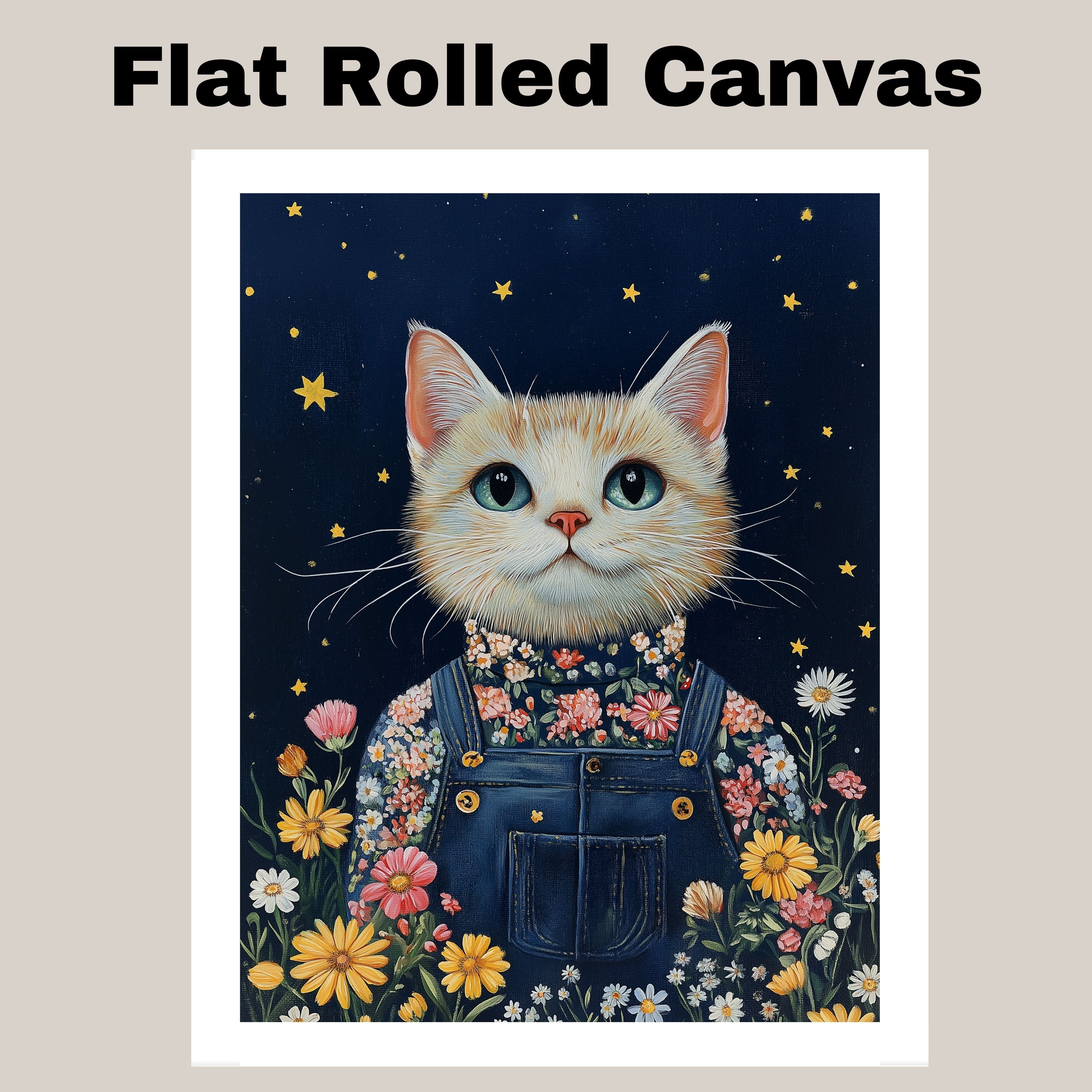 Charming White Cat in Floral Overalls Hand Painted Art Magical Starry Night Scene Perfect for Nursery Kids Room Home Wall Decor Bedroom or Animal Lovers Gift on Ready to Hang 1.5" Thick Canvas Wrap, Floating Framed Canvas, Flat Rolled Canvas
