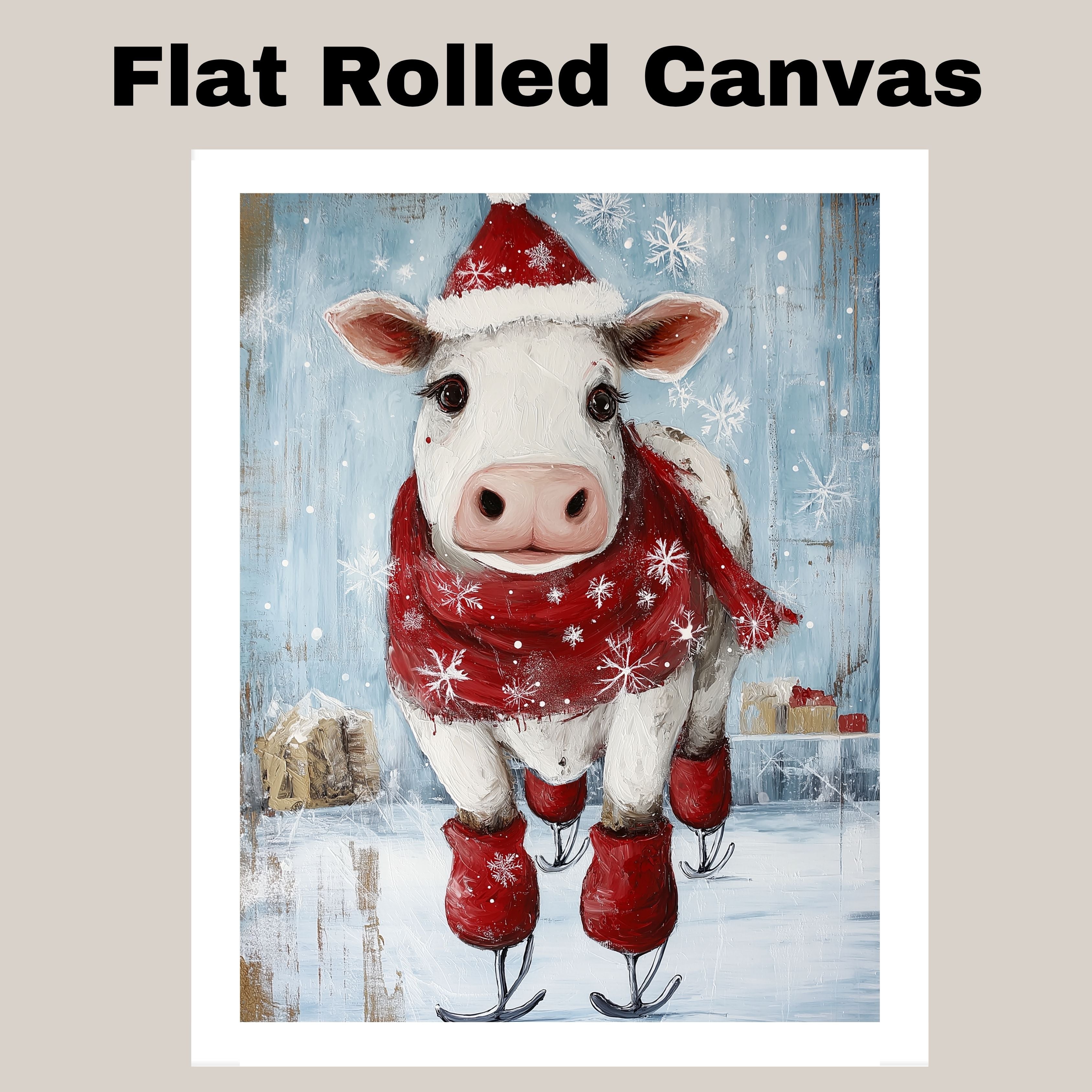 Adorable Christmas Cow Ice Skating in Santa Hat with Red Scarf Festive Farm Animal Illustration for Country Holiday Decor and Whimsical Winter Cheer on Ready to Hang 1.5" Thick Canvas Wrap, Floating Framed Canvas, Flat Rolled Canvas
