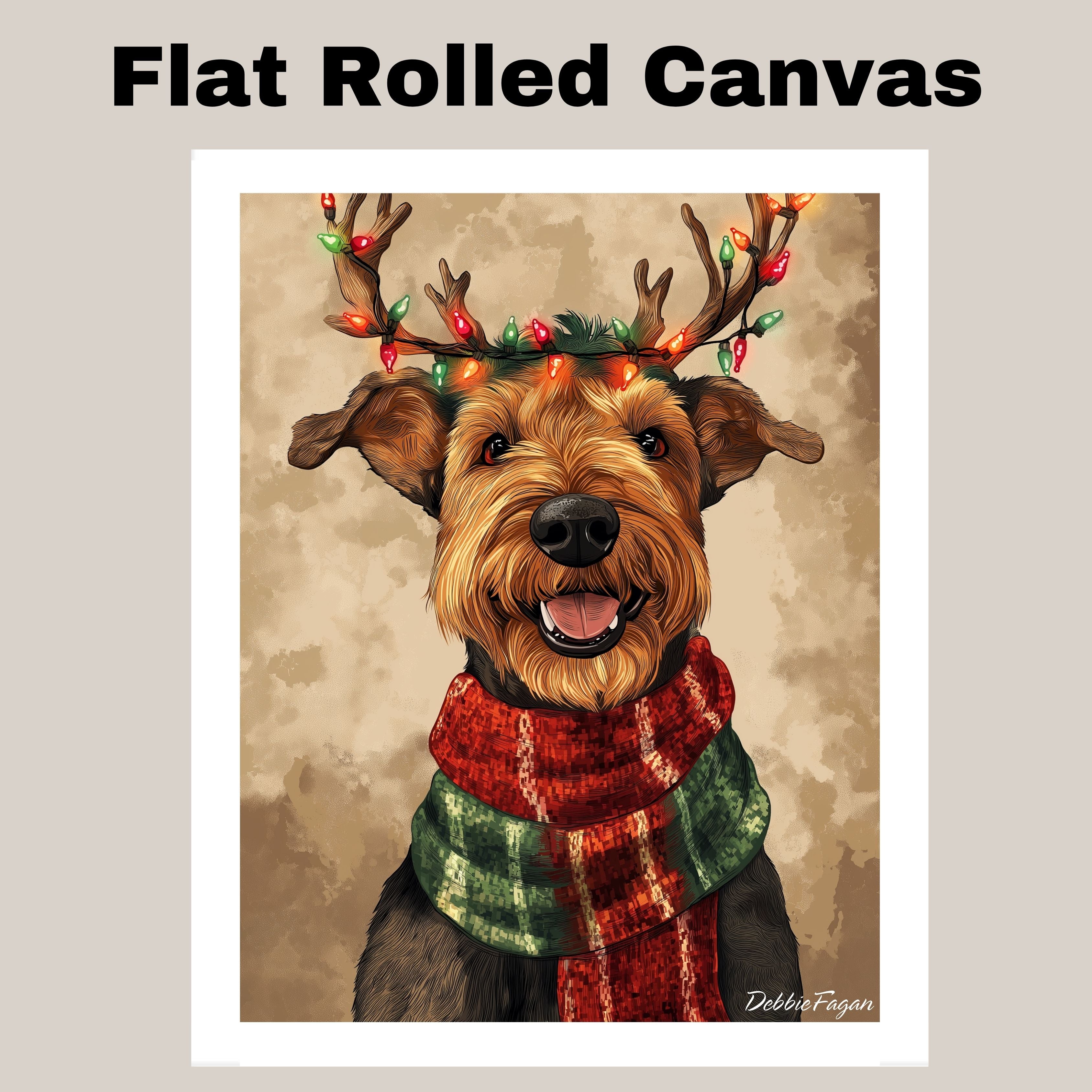 Airedale Festive Lights - 'Holiday Antlers' - Airedale Terrier in Red & Green Scarf with Christmas Light Antlers, Ready to Hang 1.5" Thick Canvas Wrap, Floating Framed Canvas, Flat Rolled Canvas