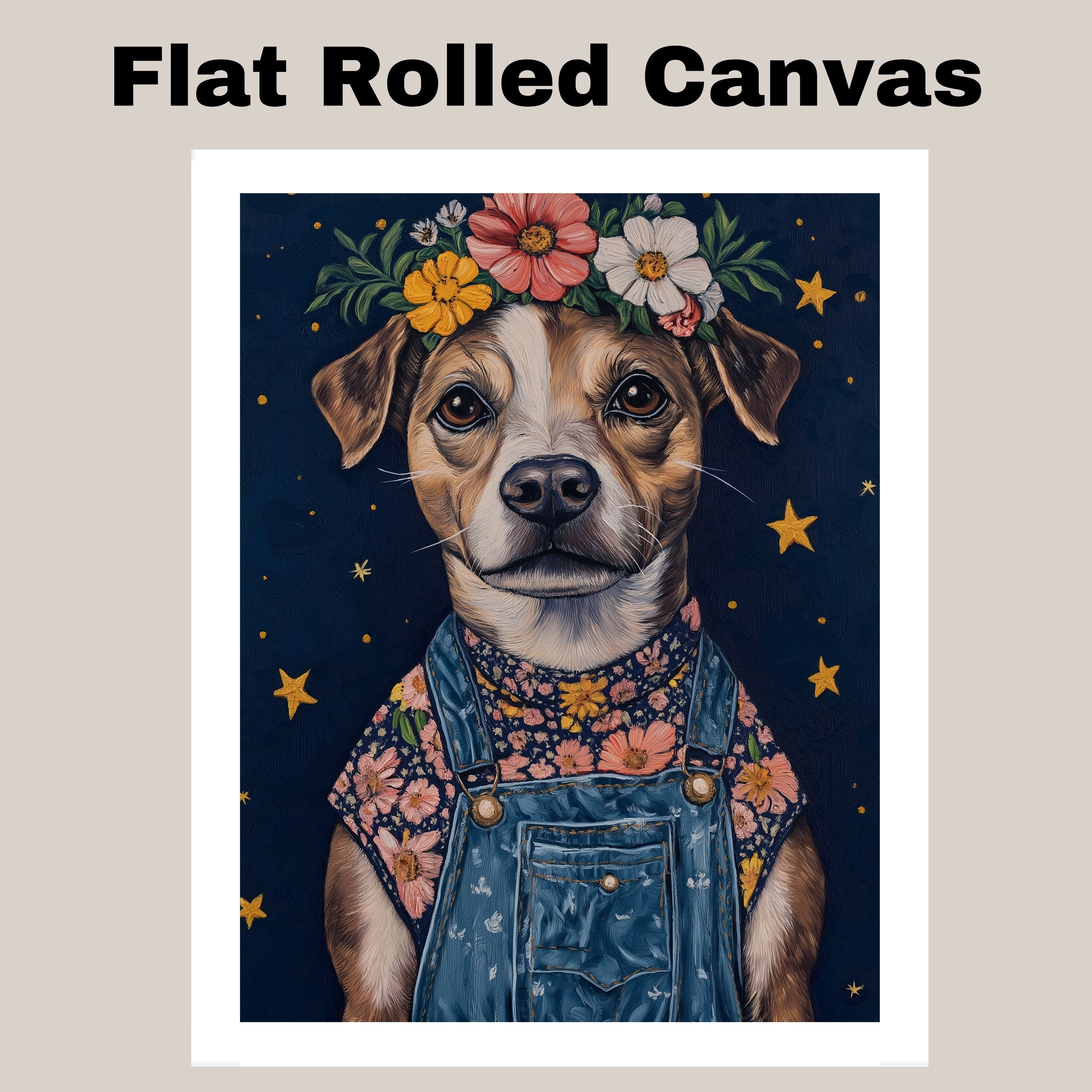 Dog Wearing Overalls and Floral Crown Art Whimsical Animal Painting for Nursery Farmhouse Decor Dog Lover Gift Cute Rustic Wall Print for Bedroom or Living Room on Ready to Hang 1.5" Thick Canvas Wrap, Floating Framed Canvas, Flat Rolled Canvas