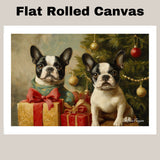 Christmas Canvas  - "Frenchie Festive Cheer" - French Bulldogs with Vintage Christmas Tree and Presents on Ready to Hang 1.5" Thick Canvas Wrap, Floating Framed Canvas, Flat Rolled Canvas