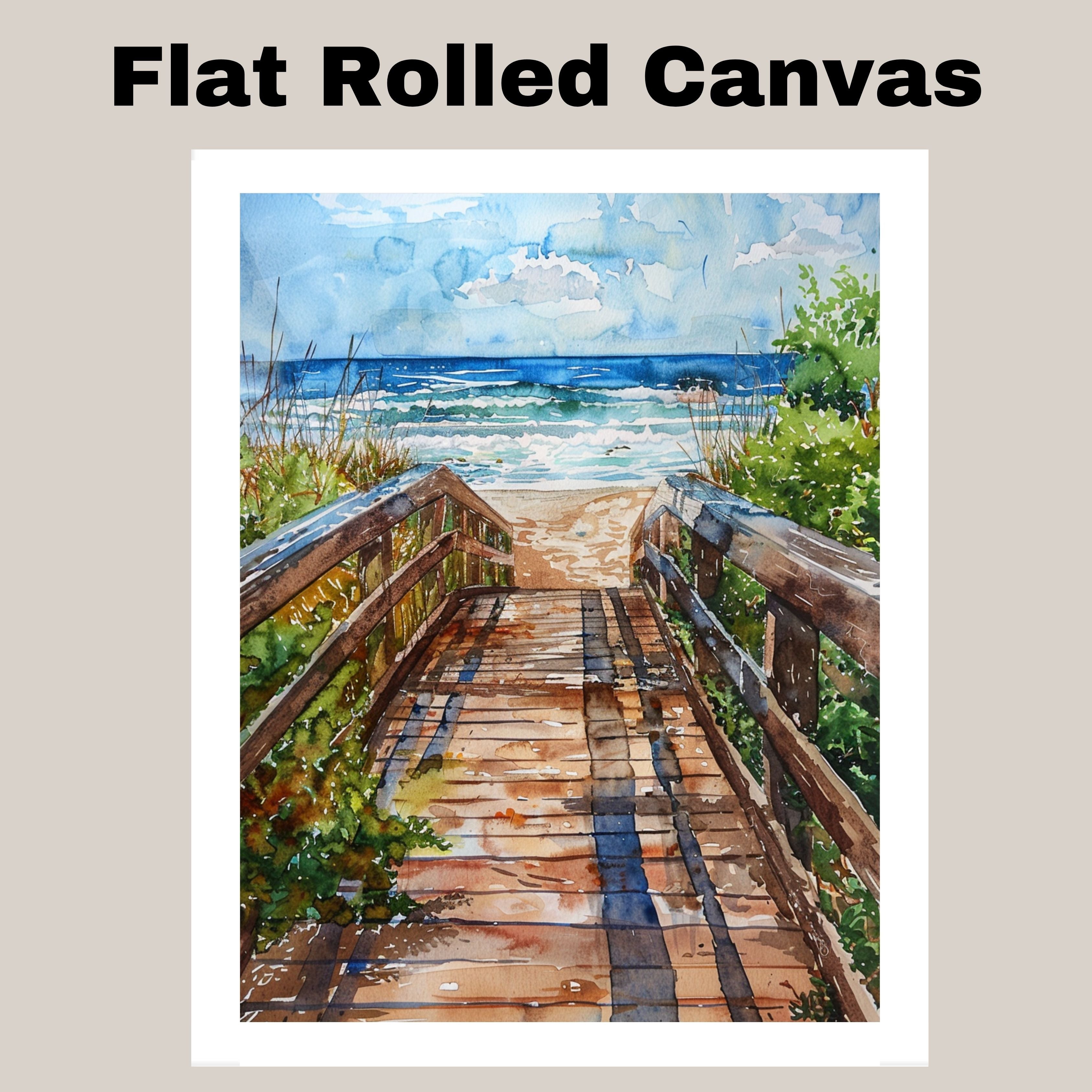 Coastal Boardwalk to Beach Watercolor Painting – Ocean Pathway Scene with Dunes, Waves, and Sky on Ready to Hang 1.5" Thick Canvas Wrap, Floating Framed Canvas, Flat Rolled Canvas