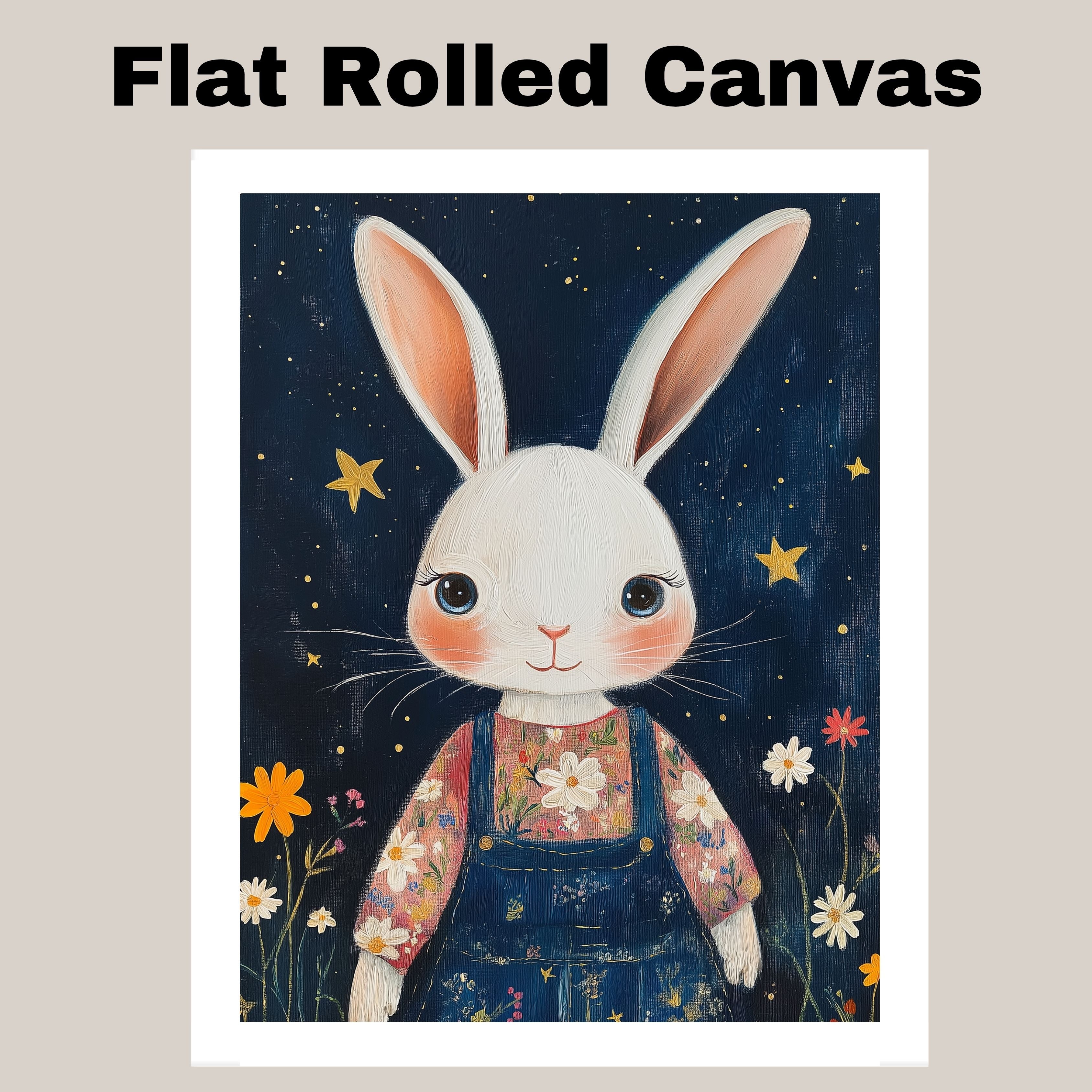 Adorable White Bunny in Floral Shirt and Overalls Hand Painted Art Whimsical Night Sky Scene Perfect for Nursery Kids Room Wall Decor Bedroom or Gift on Ready to Hang 1.5" Thick Canvas Wrap, Floating Framed Canvas, Flat Rolled Canvas