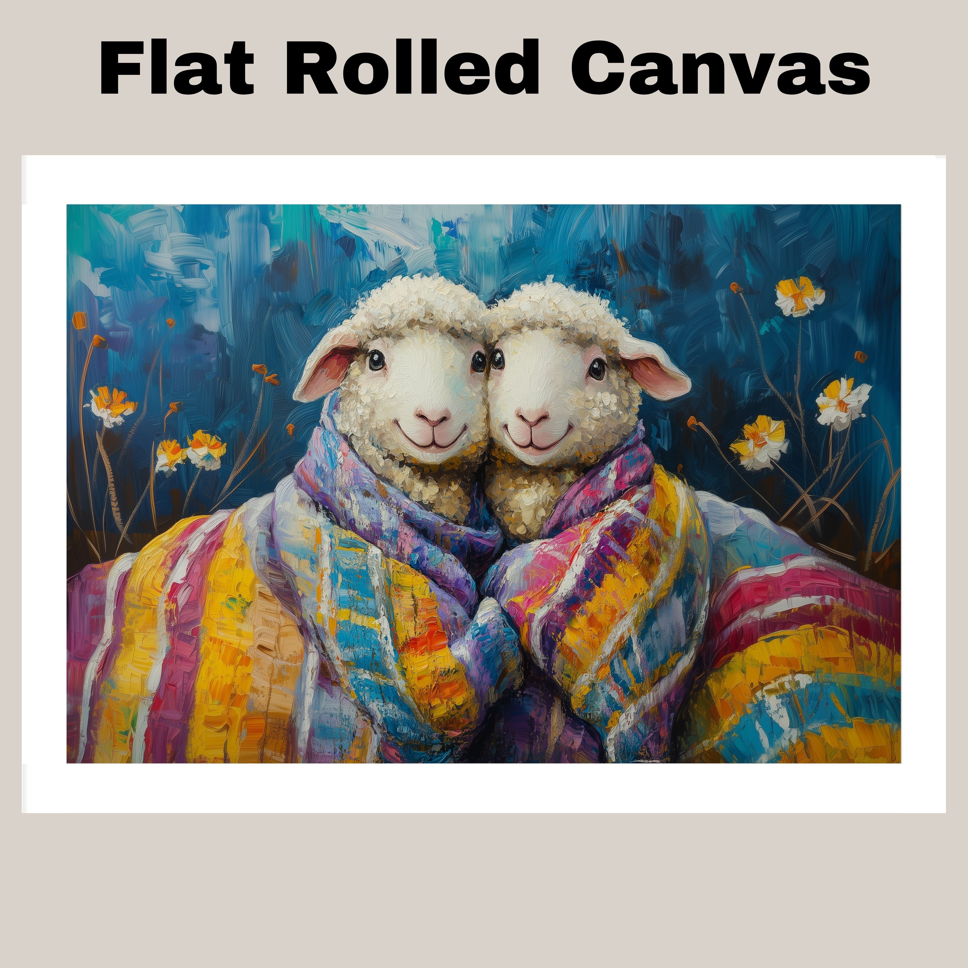 Adorable Painting of Two Sheep Wrapped in Colorful Quilted Blankets with Smiling Faces Surrounded by Flowers and a Deep Blue Whimsical Background on Ready to Hang 1.5" Thick Canvas Wrap, Floating Framed Canvas, Flat Rolled Canvas