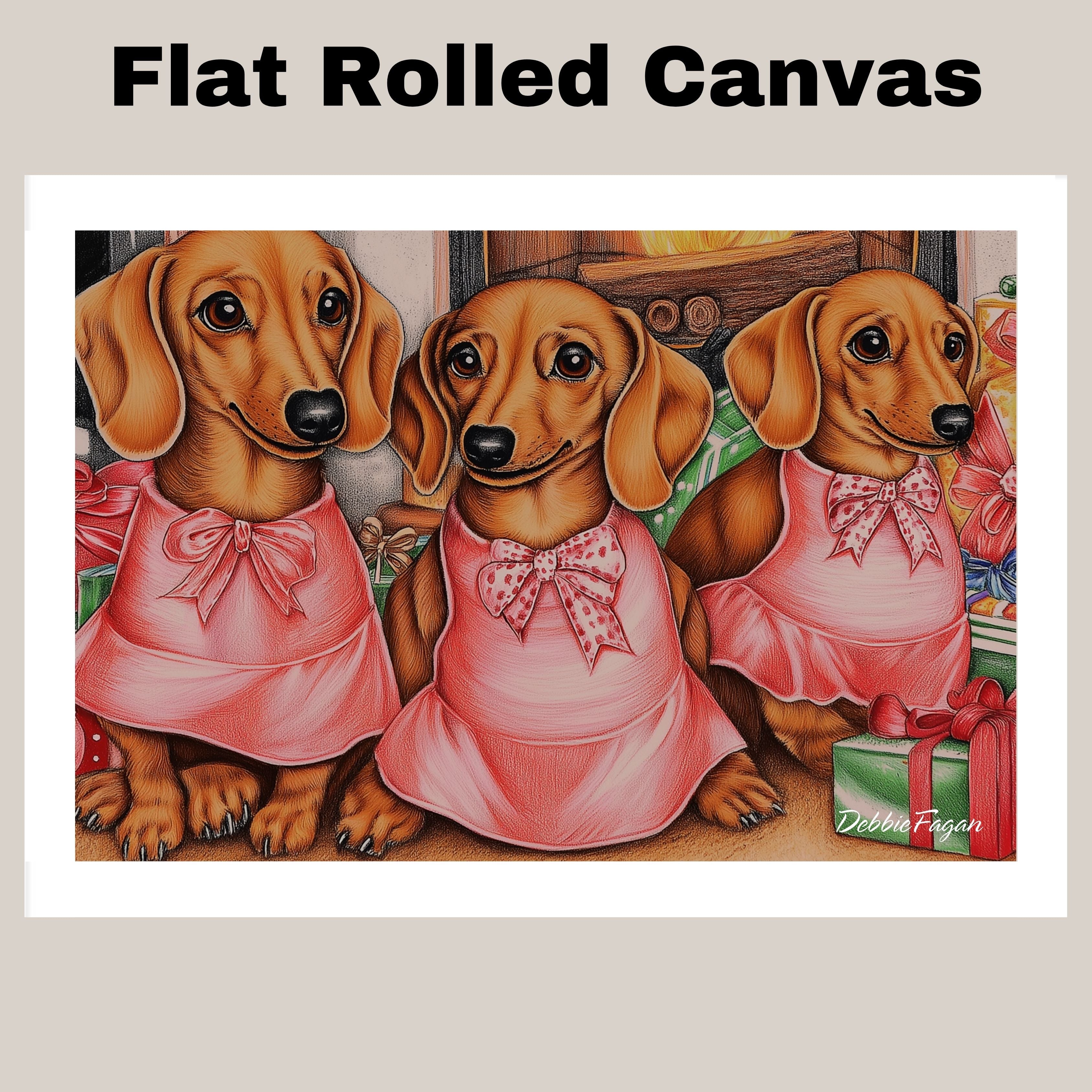 Dog Christmas Canvas - "Dachshund Delight" - Vintage-Inspired Art with Festive Presents on Ready to Hang 1.5" Thick Canvas Wrap, Floating Framed Canvas, Flat Rolled Canvas