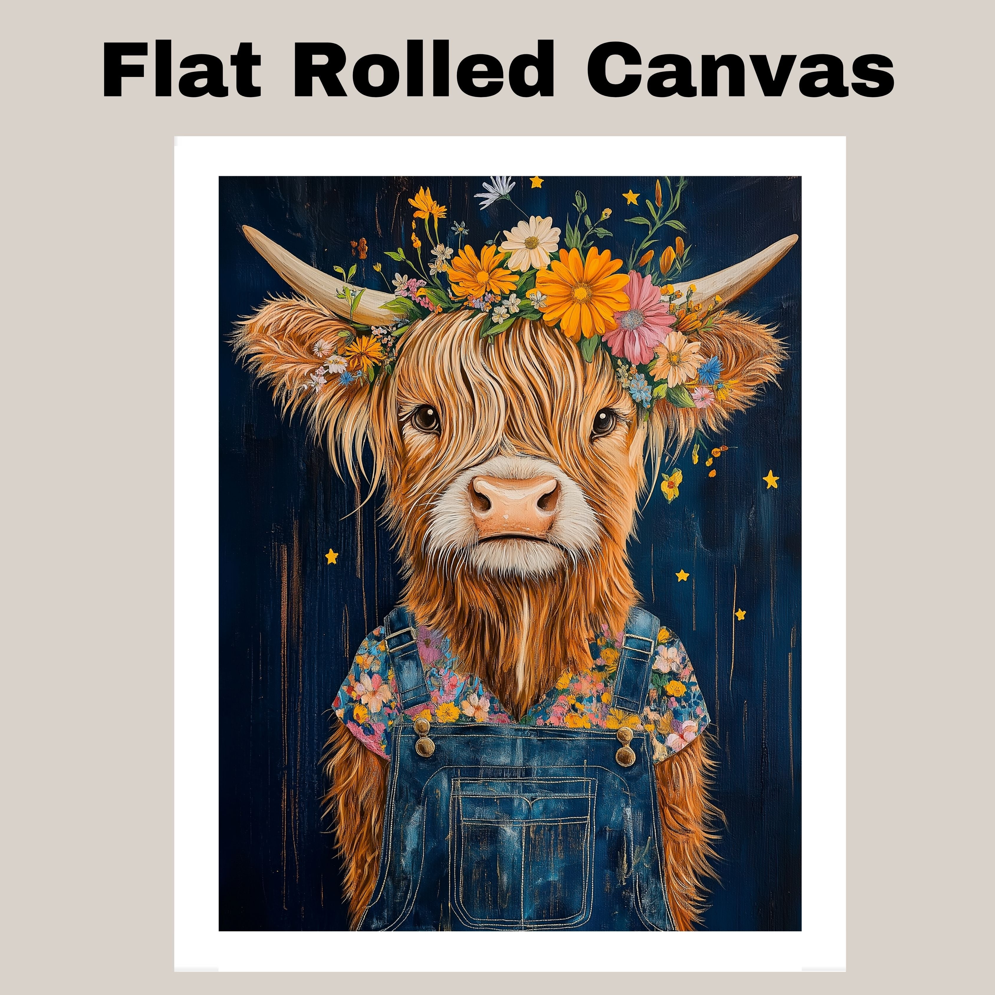 Happy Highland Cow in Overalls with Flower Crown Whimsical Hand Painted Floral Art Rustic Wall Decor for Farmhouse Kids Room Bedroom or Gift for Cow Lovers on Ready to Hang 1.5" Thick Canvas Wrap, Floating Framed Canvas, Flat Rolled Canvas