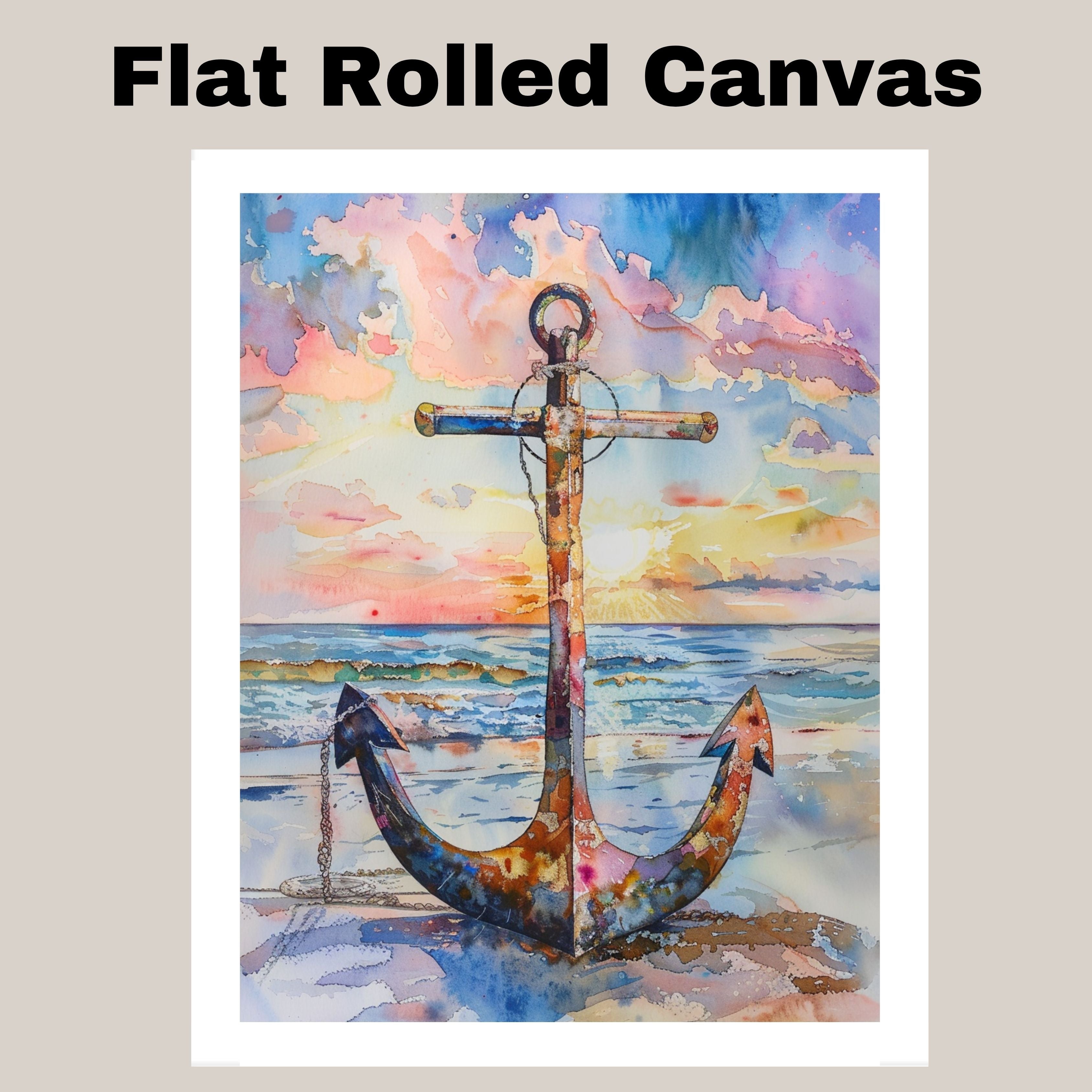 Watercolor Painting of a Multicolored Anchor on the Beach at Sunset with Ocean Waves and Vibrant Sky Background on Ready to Hang 1.5" Thick Canvas Wrap, Floating Framed Canvas, Flat Rolled Canvas