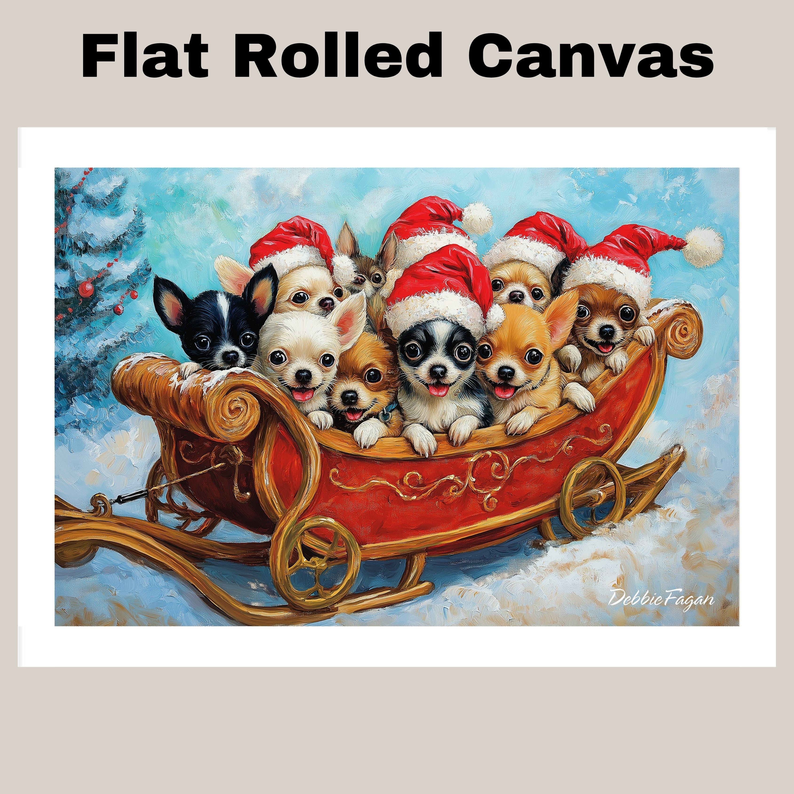 Dog Christmas Canvas  - "Sleighing the Season" - Adorable Puppies in Santa Hats on a Festive Sleigh in Winter Snow on Ready to Hang 1.5" Thick Canvas Wrap, Floating Framed Canvas, Flat Rolled Canvas