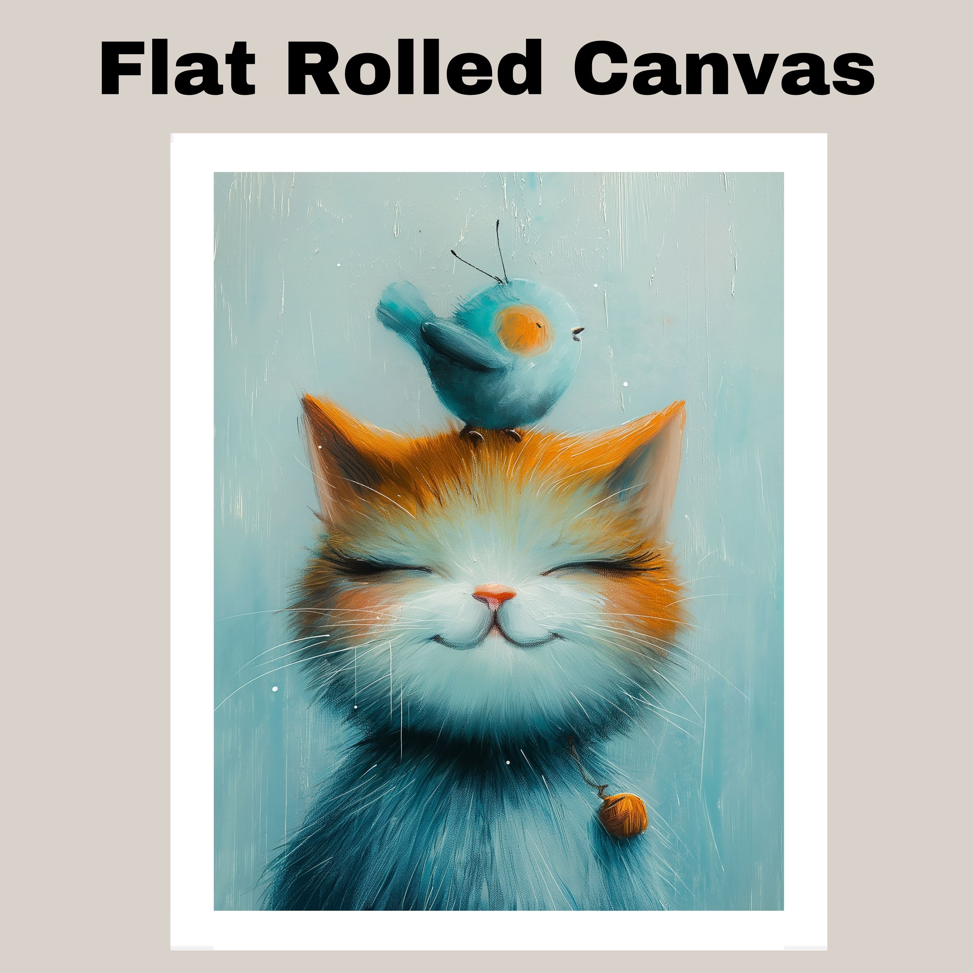 Adorable Painting of a Smiling Kitten with a Blue Bird on Its Head and Bell Collar Ideal for Whimsical Nursery Decor or Cat and Animal Lovers' Gifts on Ready to Hang 1.5" Thick Canvas Wrap, Floating Framed Canvas, Flat Rolled Canvas