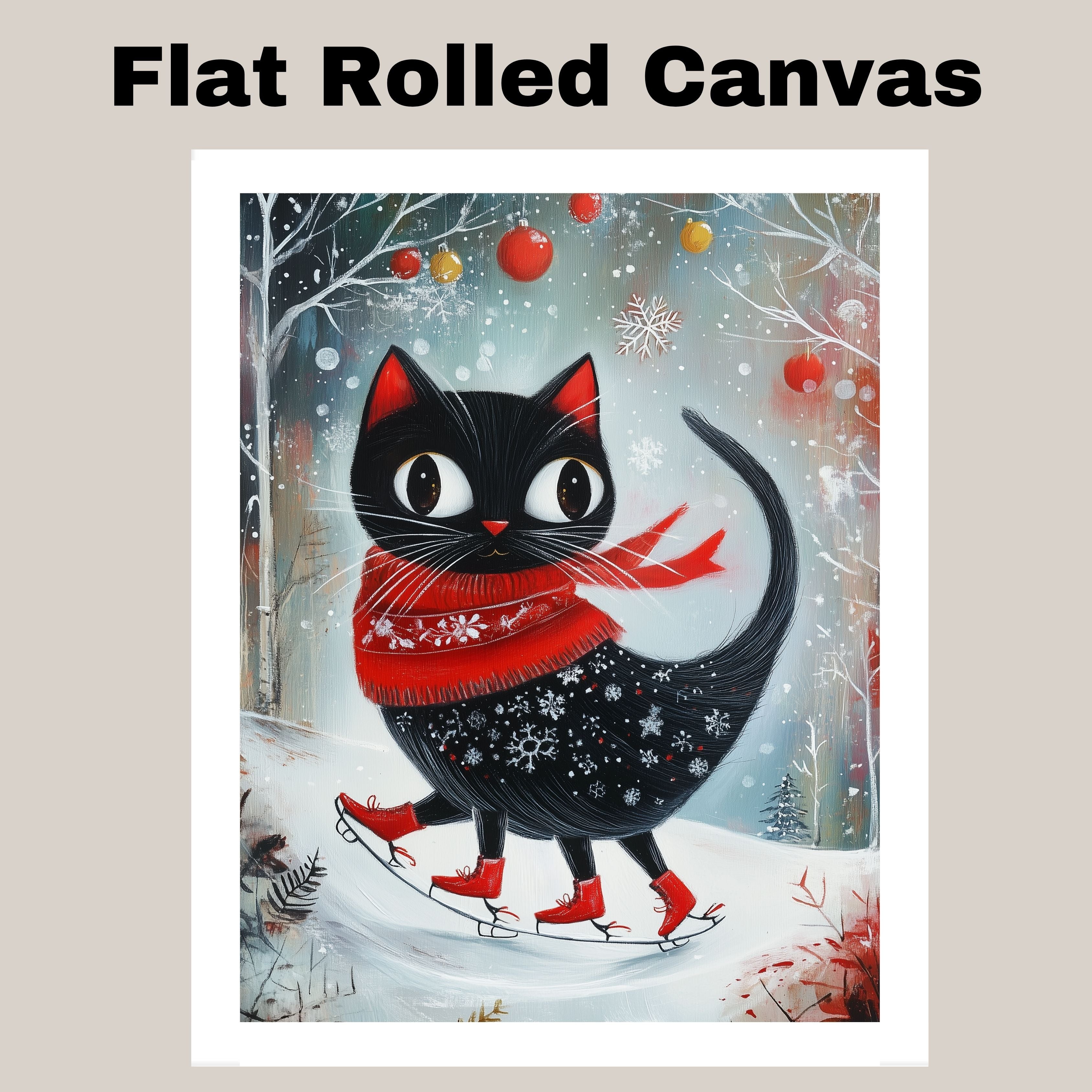 Christmas Wall Art Featuring Big-Eyed Black Cat Ice Skating in Snowy Forest with Red Scarf and Boots Whimsical Holiday Illustration for Winter Decor and Cat Lovers on Ready to Hang 1.5" Thick Canvas Wrap, Floating Framed Canvas, Flat Rolled Canvas