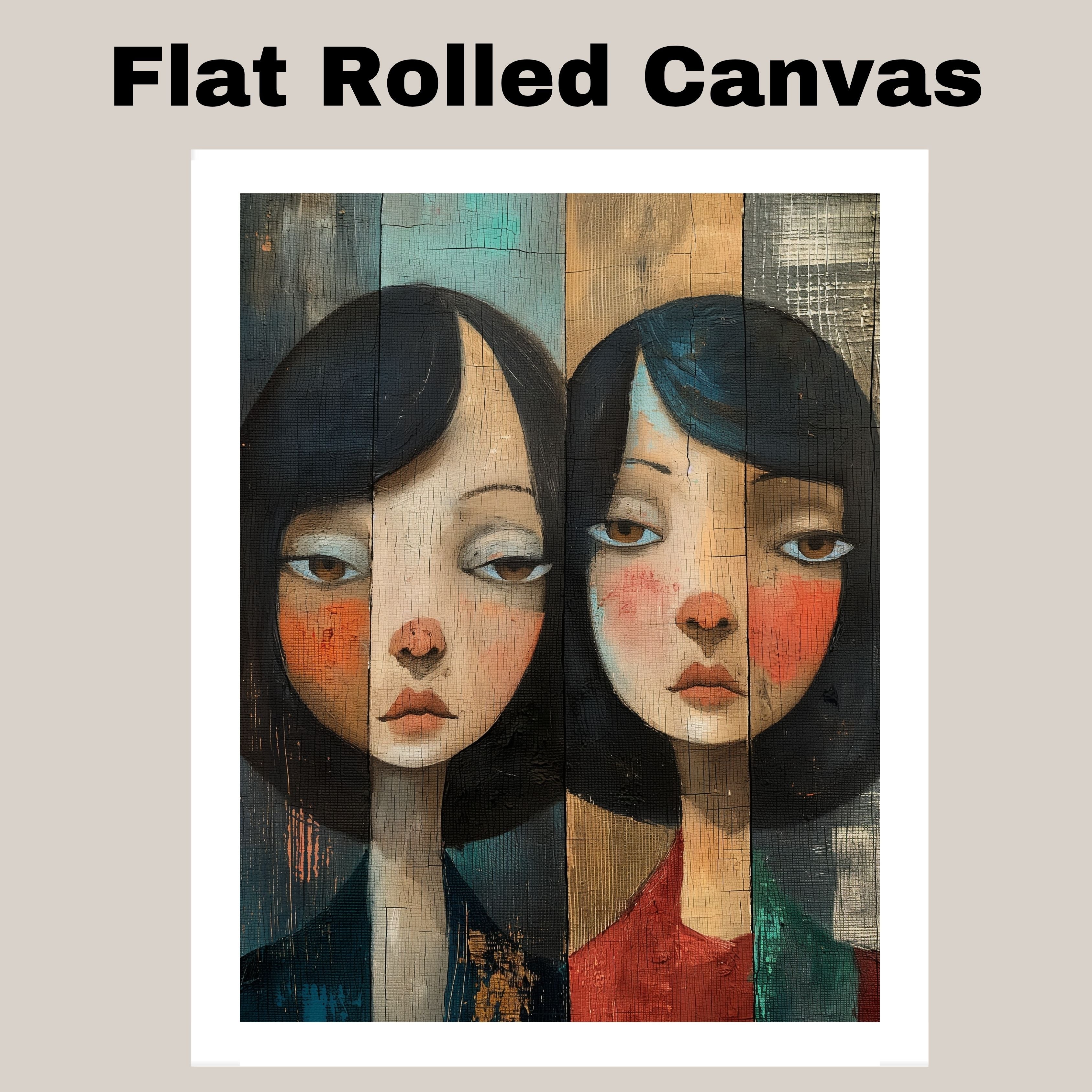 Moody Portrait of Two Girls Expressive Hand Painted Art Rustic Wood Texture Emotional and Thoughtful Wall Decor Perfect for Home Living Room or Office on Ready to Hang 1.5" Thick Canvas Wrap, Floating Framed Canvas, Flat Rolled Canvas
