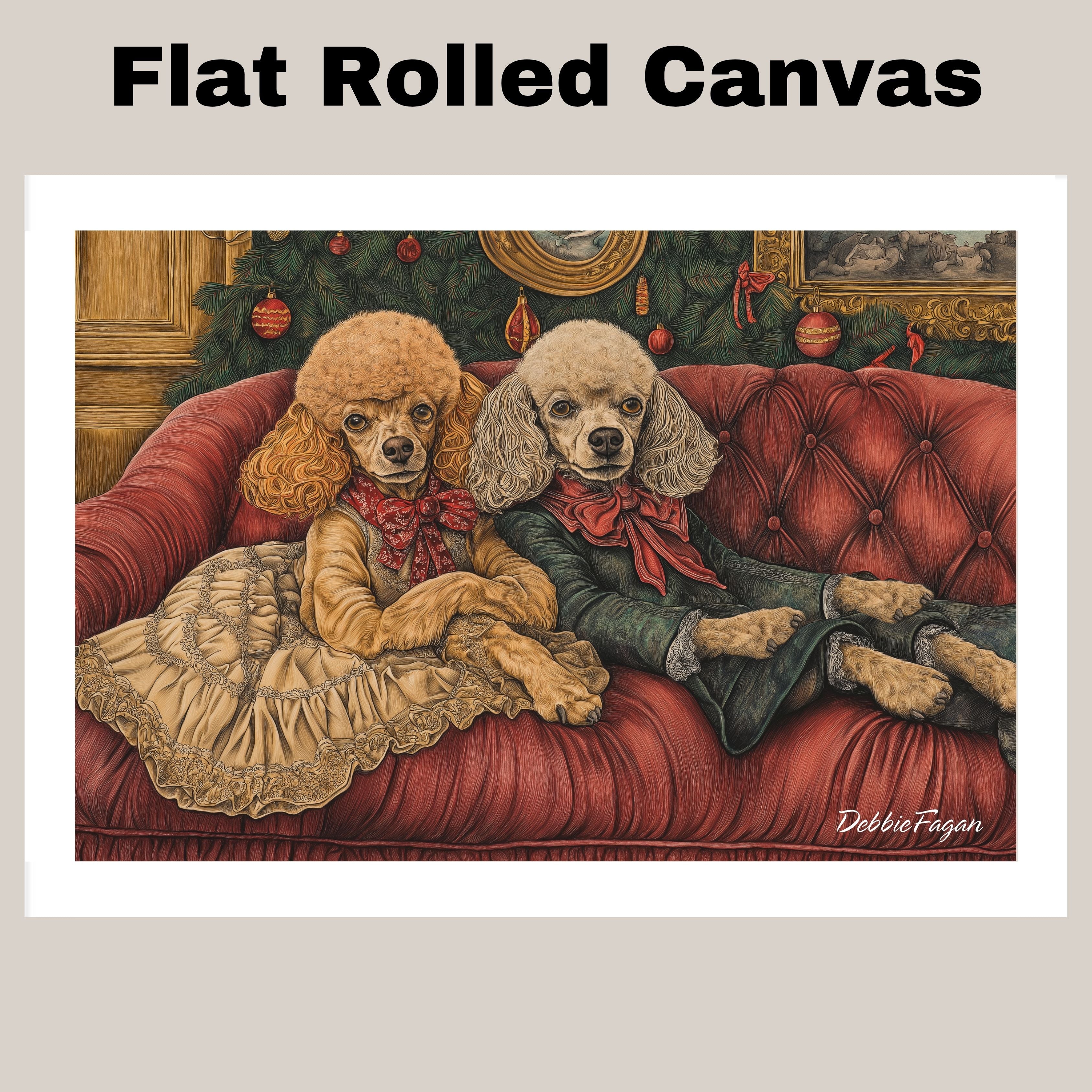 Dog Christmas Canvas  - "Poodle Pampering" - Elegant Poodles Lounging on a Vintage Red Ornate Sofa on Ready to Hang 1.5" Thick Canvas Wrap, Floating Framed Canvas, Flat Rolled Canvas