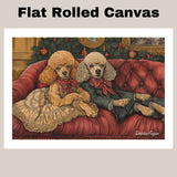 Dog Christmas Canvas  - "Poodle Pampering" - Elegant Poodles Lounging on a Vintage Red Ornate Sofa on Ready to Hang 1.5" Thick Canvas Wrap, Floating Framed Canvas, Flat Rolled Canvas