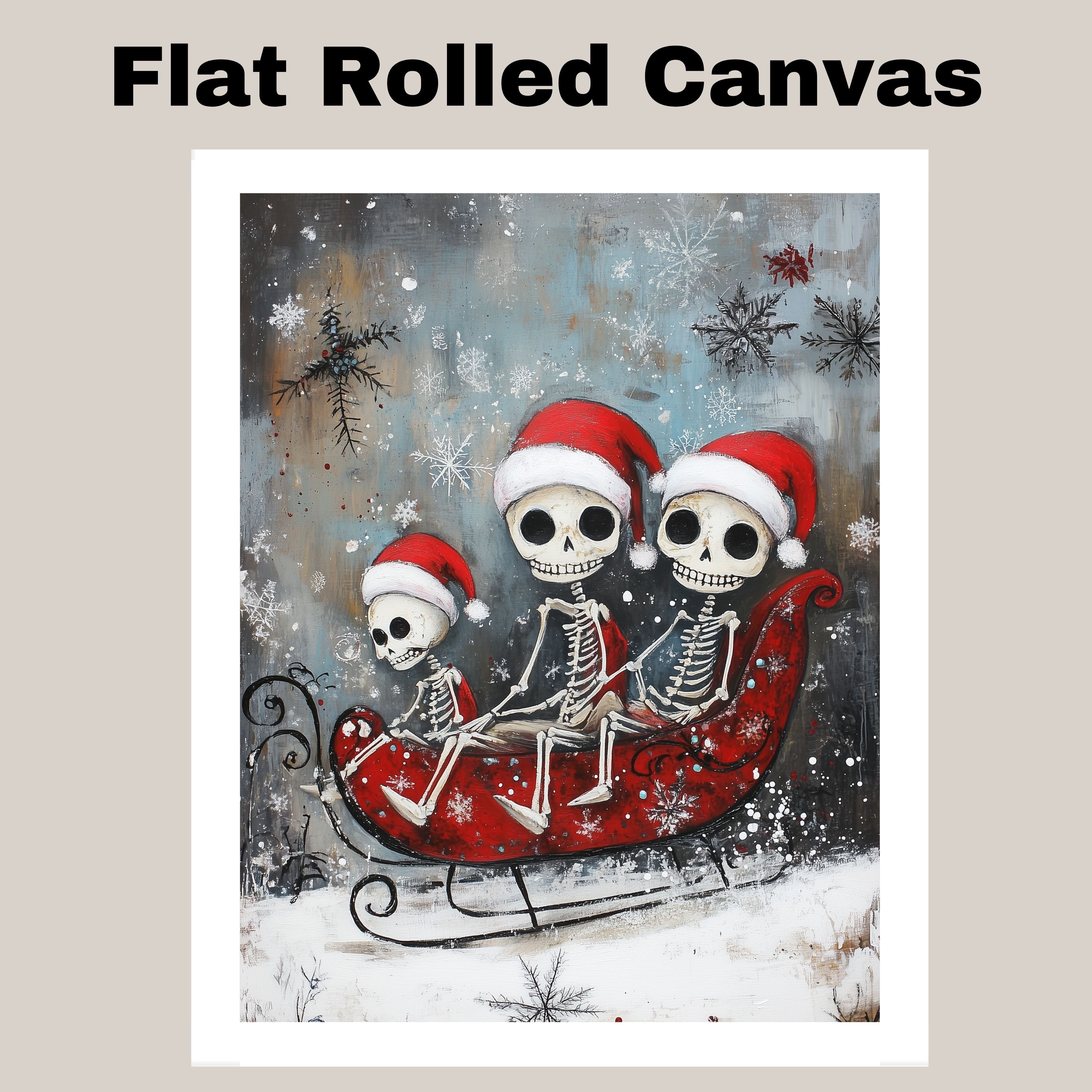 Whimsical Skeleton Family Sleigh Ride Christmas Print – Spooky Cute Holiday Decor with Santa Hats, Red Sleigh & Snowflakes, Gothic Winter Wall Art on Ready to Hang 1.5" Thick Canvas Wrap, Floating Framed Canvas, Flat Rolled Canvas