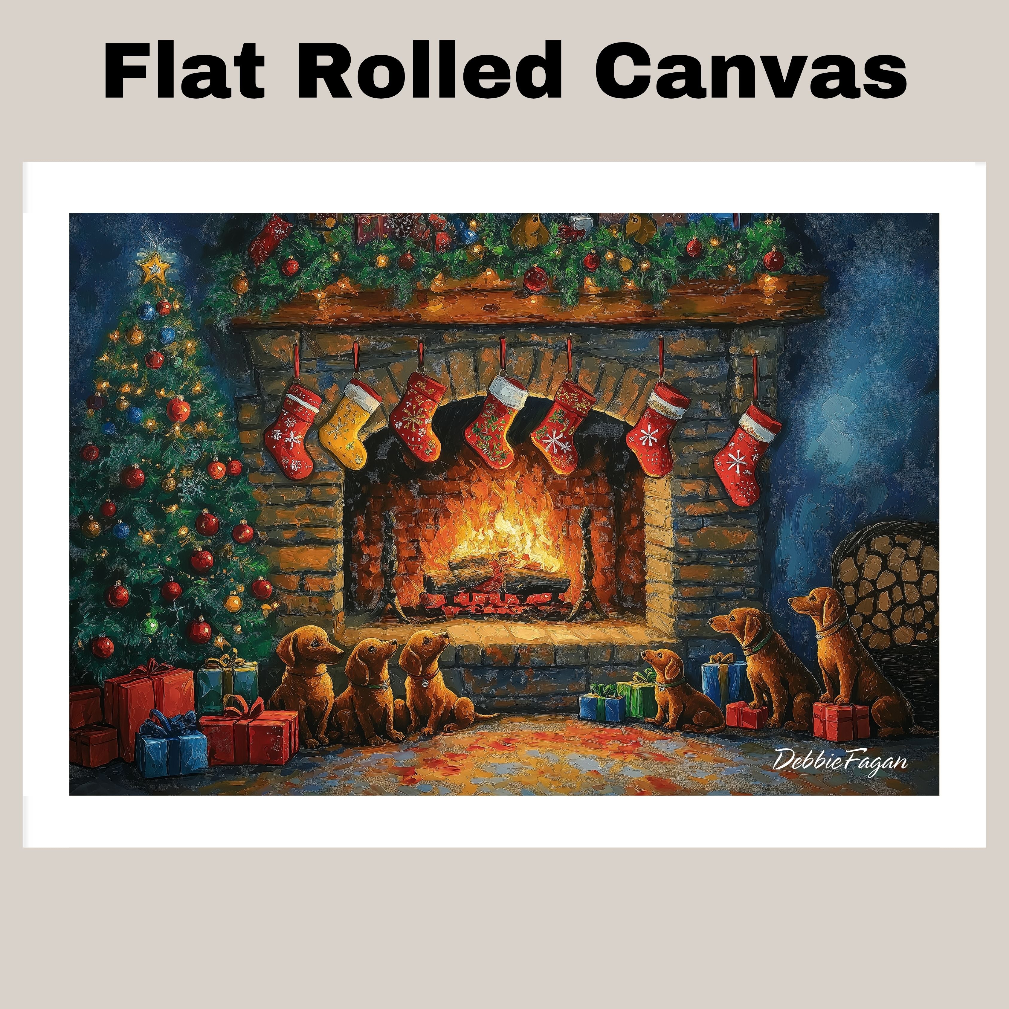 Dachshund Christmas Canvas - "Doxie Fireside Festivities" - Wiener by the Fireplace on Christmas Eve on Ready to Hang 1.5" Thick Canvas Wrap, Floating Framed Canvas, Flat Rolled Canvas