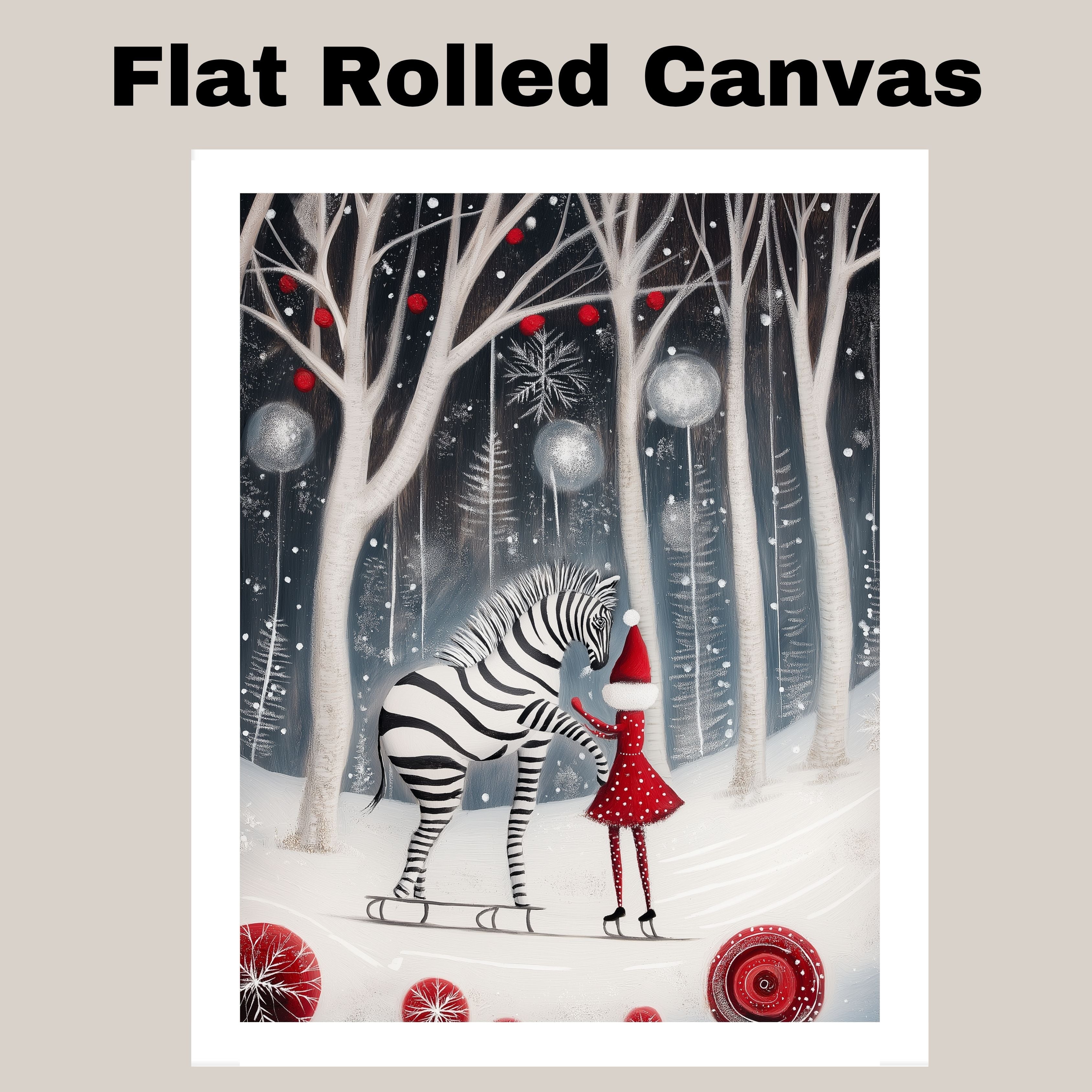Enchanted Christmas Zebra Ice Skating Print – Whimsical Winter Art with Girl in Red Dress, Snowy Forest Holiday Decor, Fantasy Animal Illustration on Ready to Hang 1.5" Thick Canvas Wrap, Floating Framed Canvas, Flat Rolled Canvas