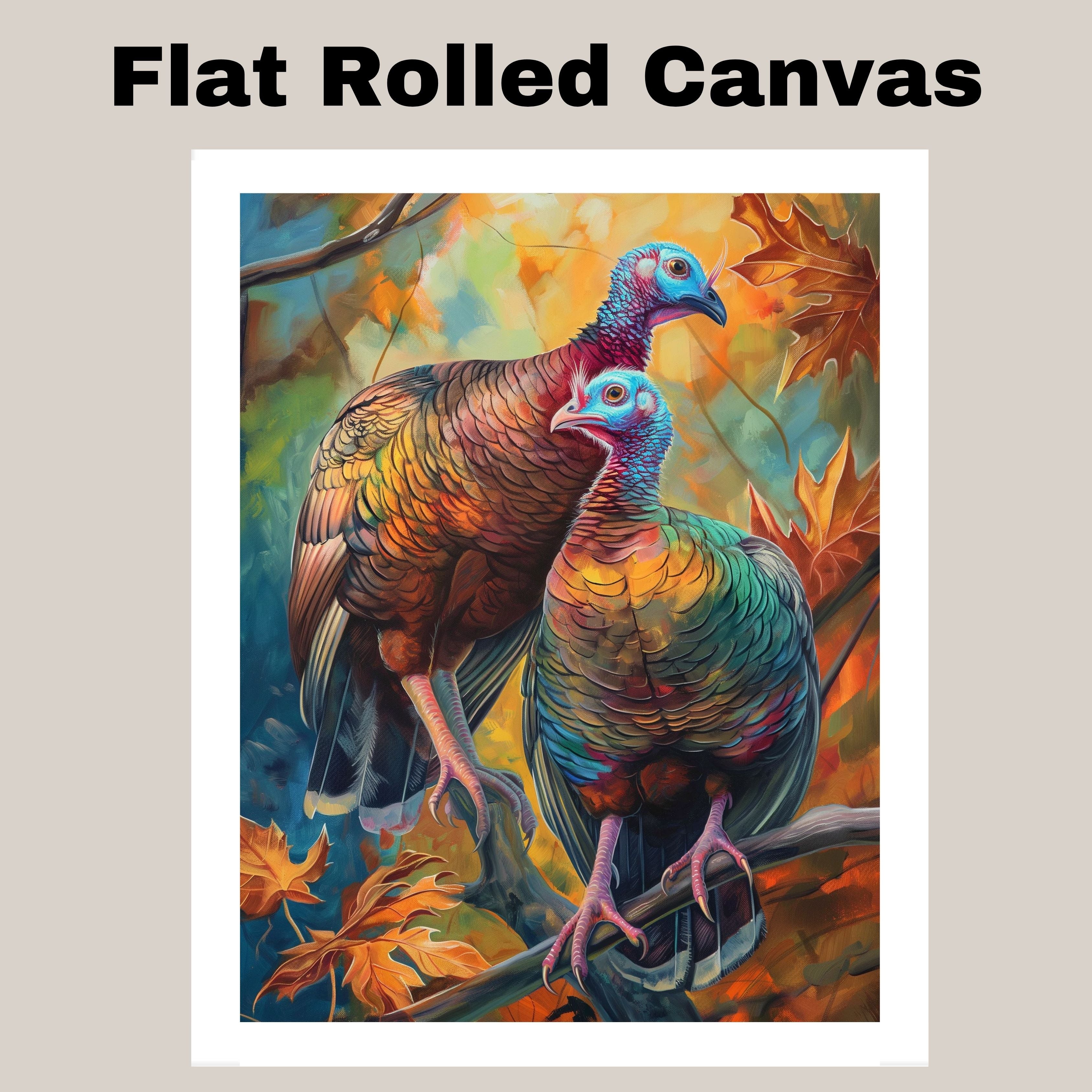 Colorful Wild Turkey Pair Perched on Branch Among Autumn Leaves with Vivid Feathers and Blue Faces in a Stunning Wildlife Nature Art Scene on Ready to Hang 1.5" Thick Canvas Wrap, Floating Framed Canvas, Flat Rolled Canvas