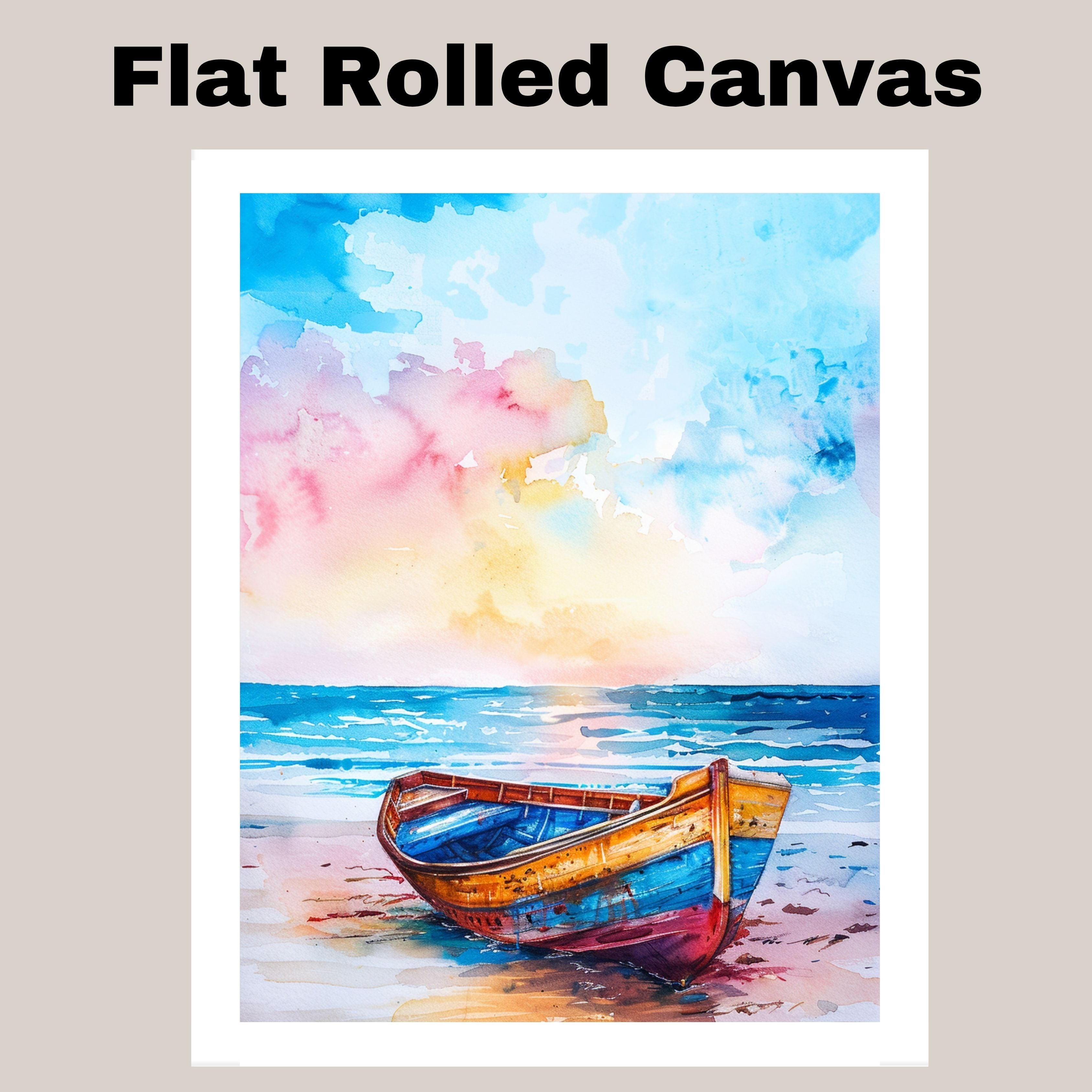 Watercolor Painting of Colorful Wooden Boat on Sandy Shore with Ocean View and Bright Sky in Soft Blue Pink and Yellow Tones on Ready to Hang 1.5" Thick Canvas Wrap, Floating Framed Canvas, Flat Rolled Canvas