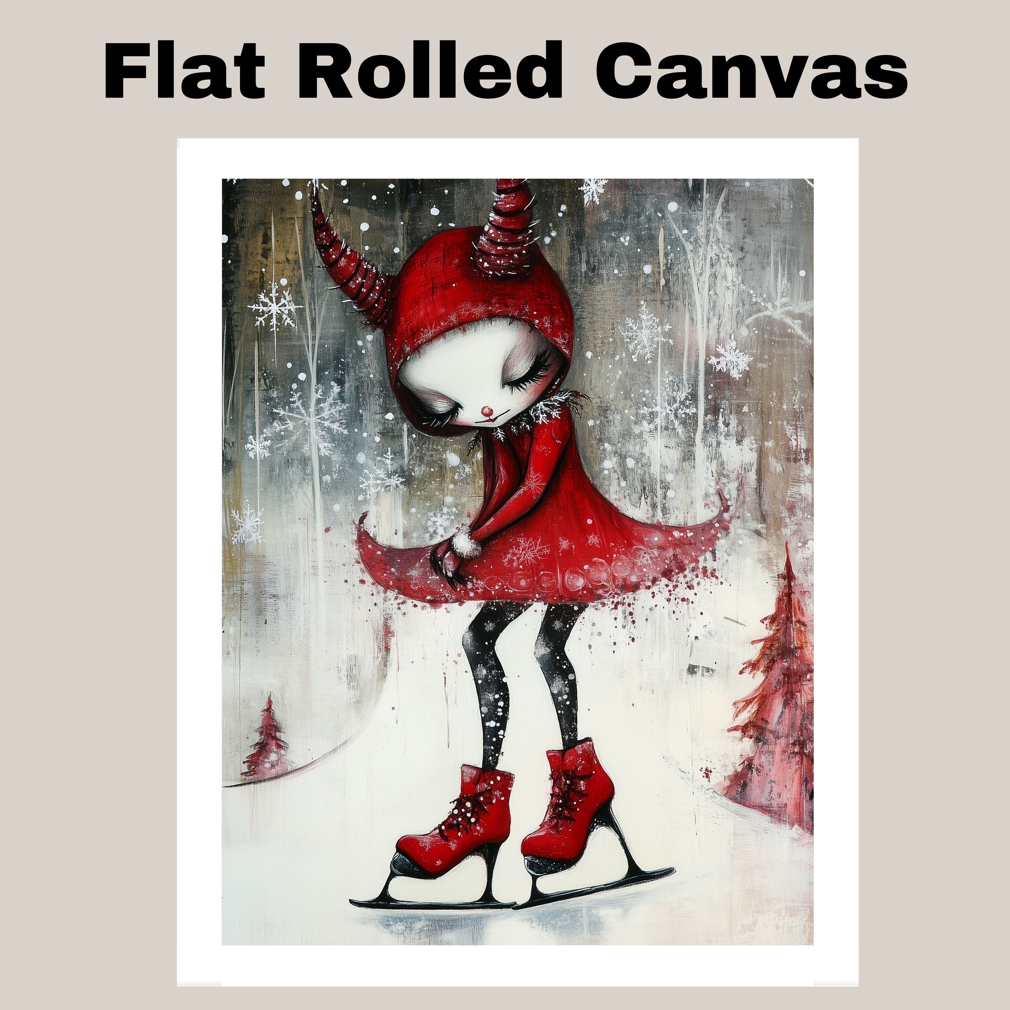 Whimsical Christmas Devil Girl Ice Skating in Red Hood and Dress Fantasy Winter Art Print or Canvas for Holiday Decor and Unique Gothic Gift on Ready to Hang 1.5" Thick Canvas Wrap, Floating Framed Canvas, Flat Rolled Canvas