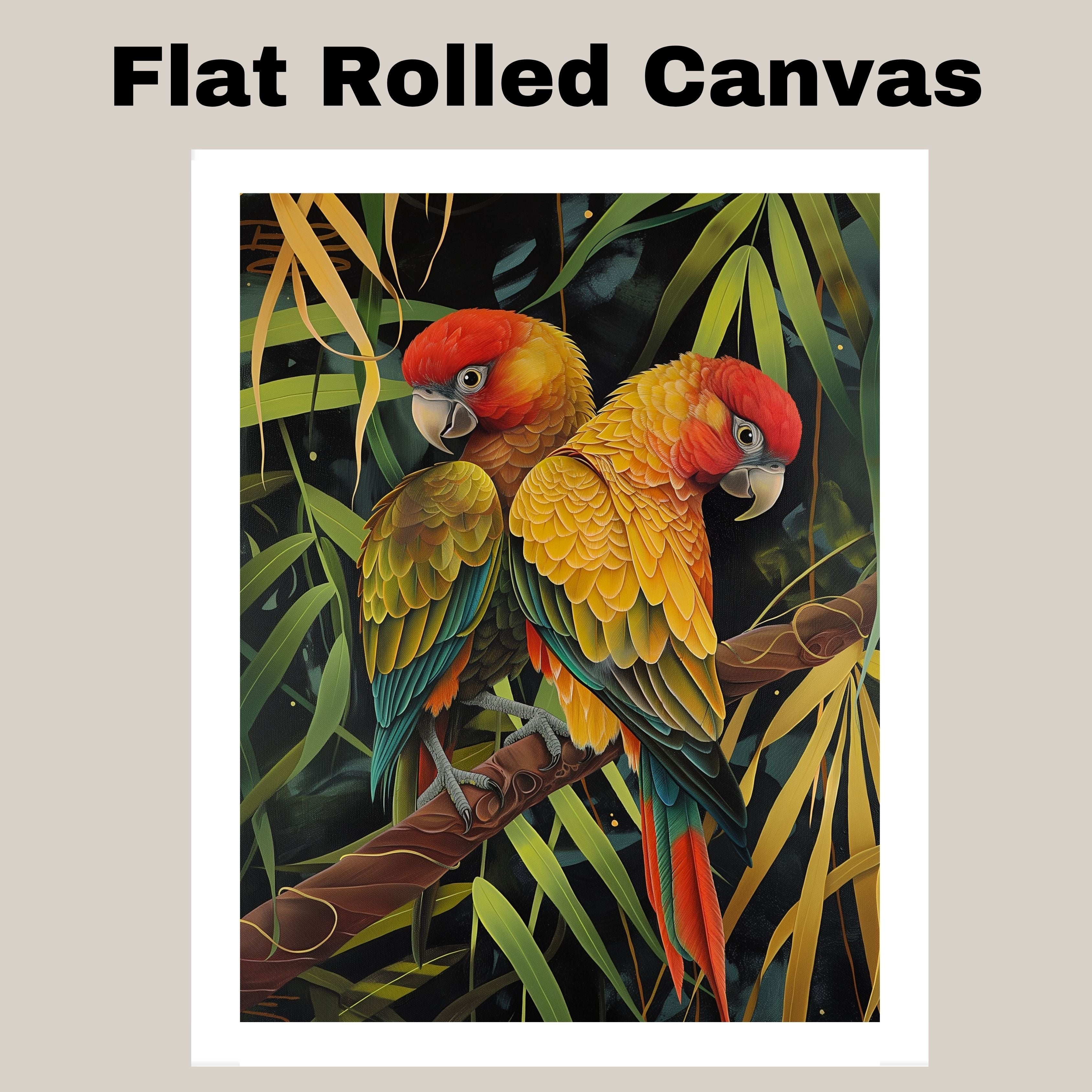 Jungle Parrot Pair Artwork Featuring Red and Yellow Feathers with Green Wings Perched on a Branch in a Lush Tropical Setting with Stylized Foliage on Ready to Hang 1.5" Thick Canvas Wrap, Floating Framed Canvas, Flat Rolled Canvas
