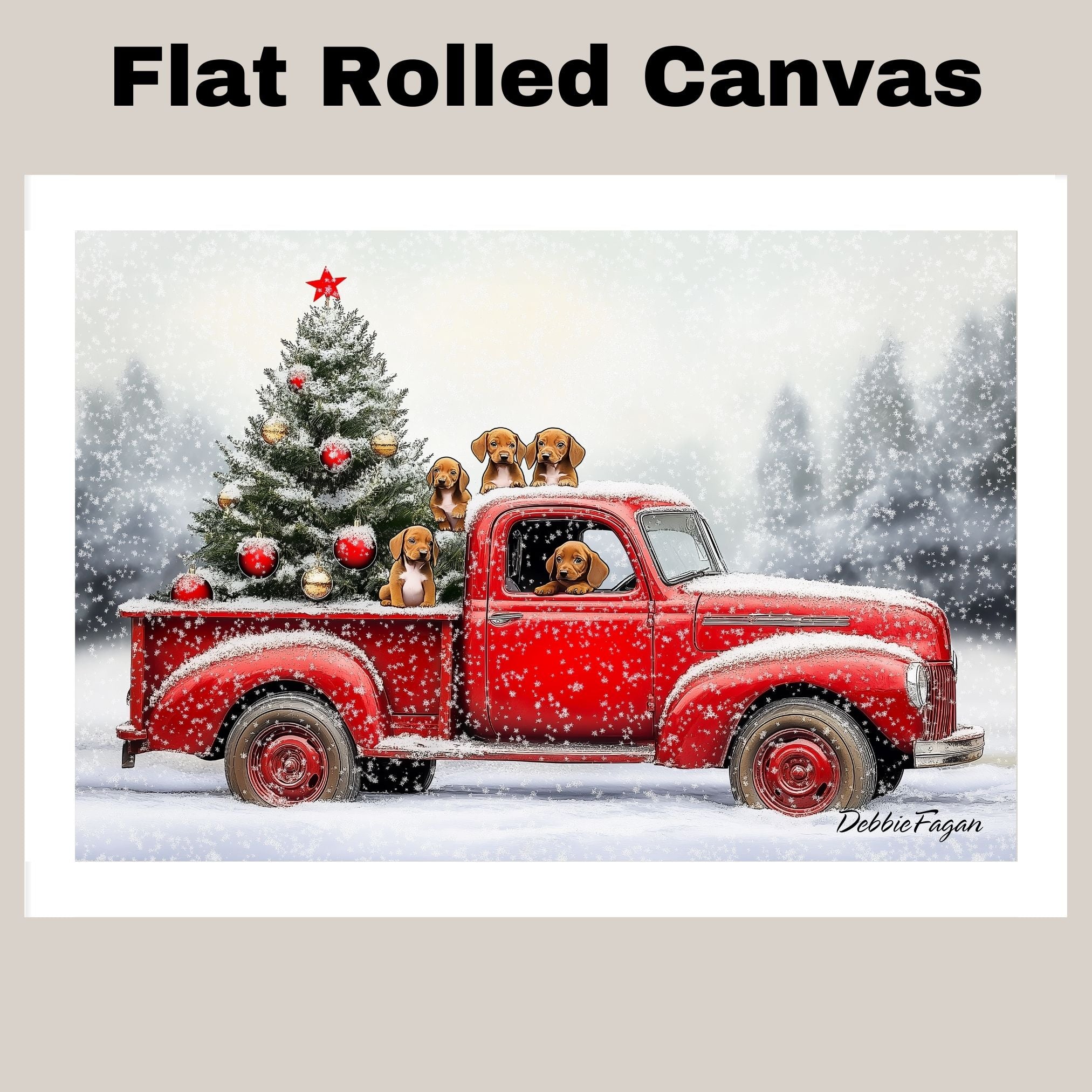 Vizsla Christmas Canvas - "Holiday Journey with Vizslas" - Puppies in a Festive Red Truck Canvas on Ready to Hang 1.5" Thick Canvas Wrap, Floating Framed Canvas, Flat Rolled Canvas