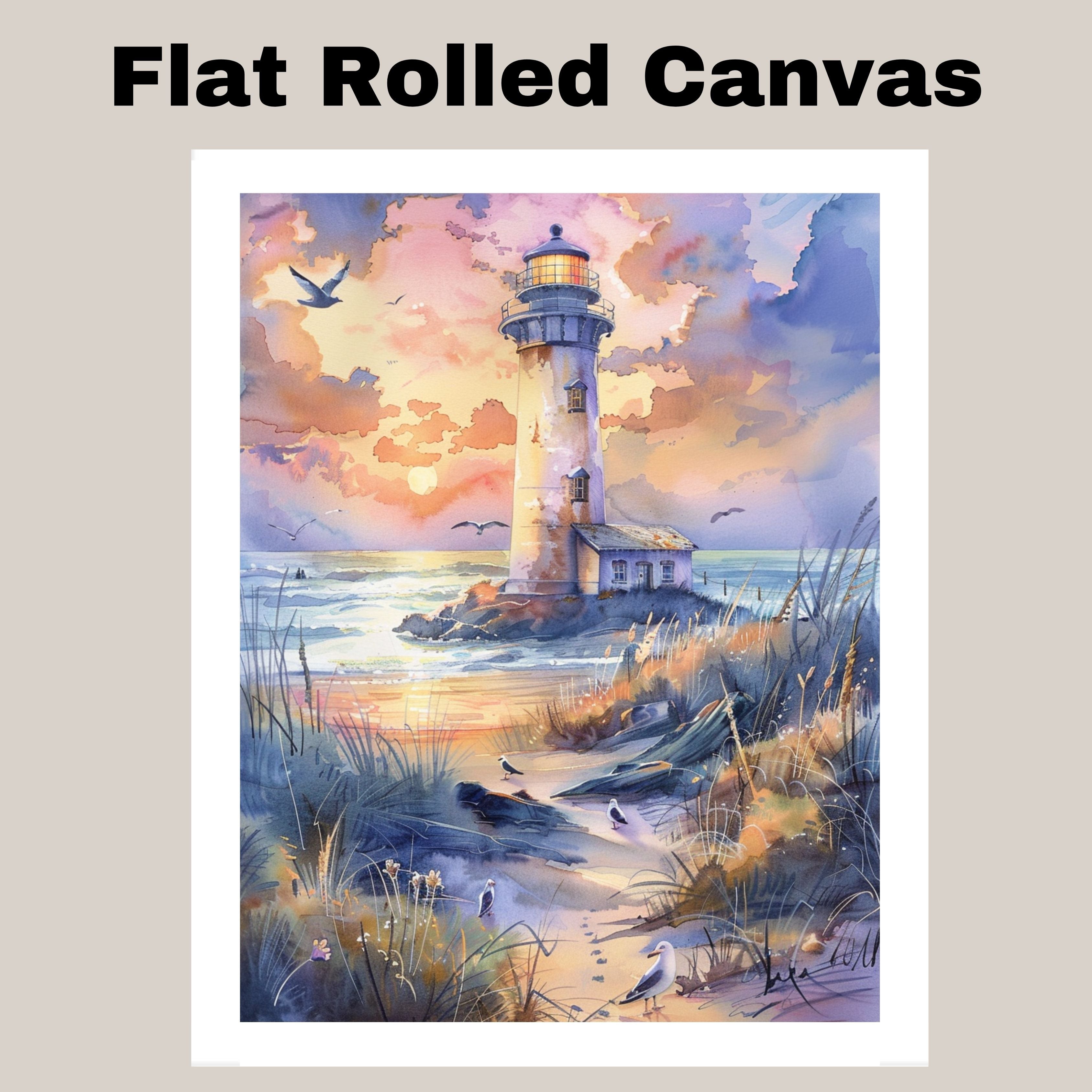 Charming Lighthouse by Ocean Shore at Sunset with Beach Path Seabirds and Colorful Sky in Serene Watercolor Scene on Ready to Hang 1.5" Thick Canvas Wrap, Floating Framed Canvas, Flat Rolled Canvas