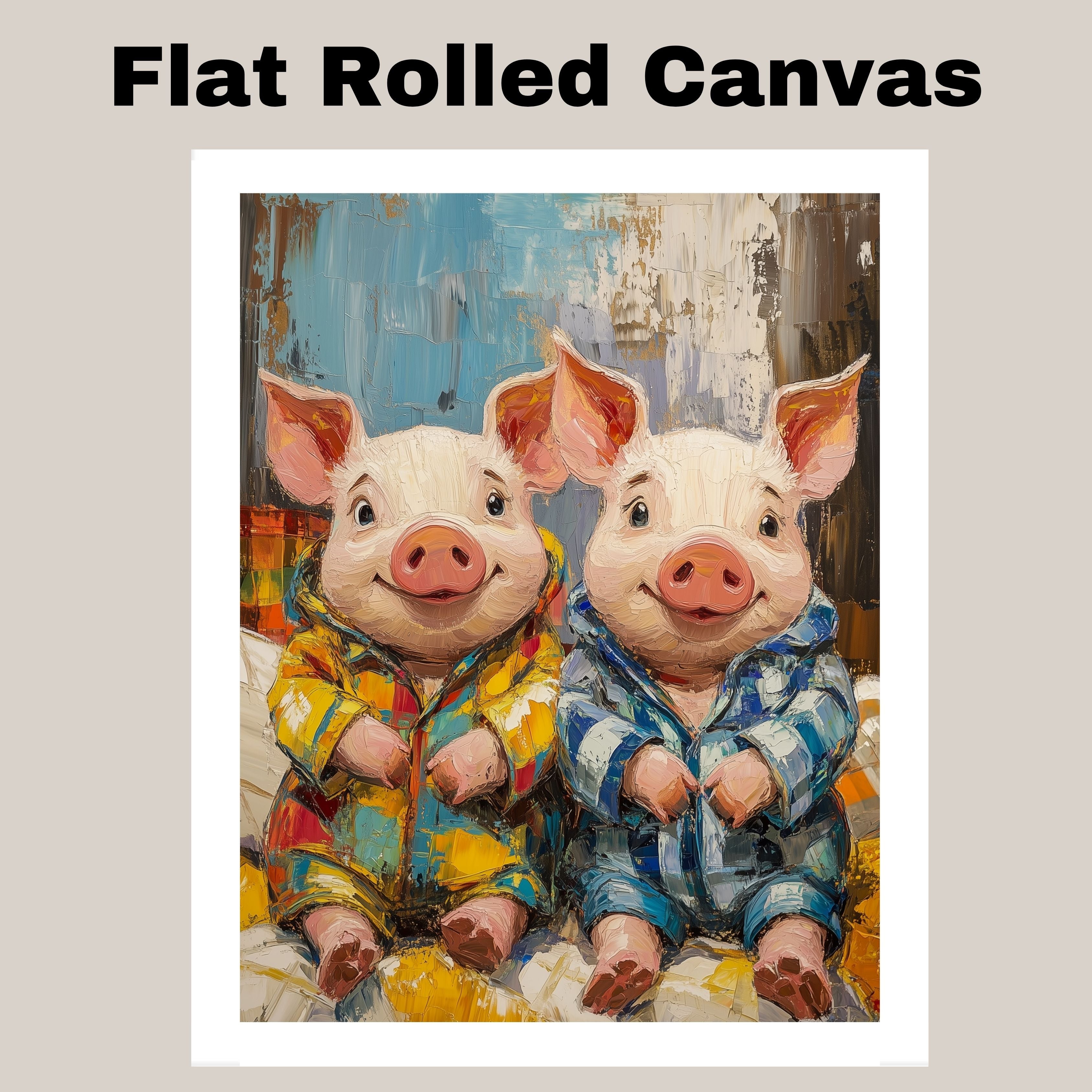Playful Painting of Two Cute Piglets in Colorful Pajamas Sitting Side by Side with Happy Expressions in a Bold Textured Style on Ready to Hang 1.5" Thick Canvas Wrap, Floating Framed Canvas, Flat Rolled Canvas