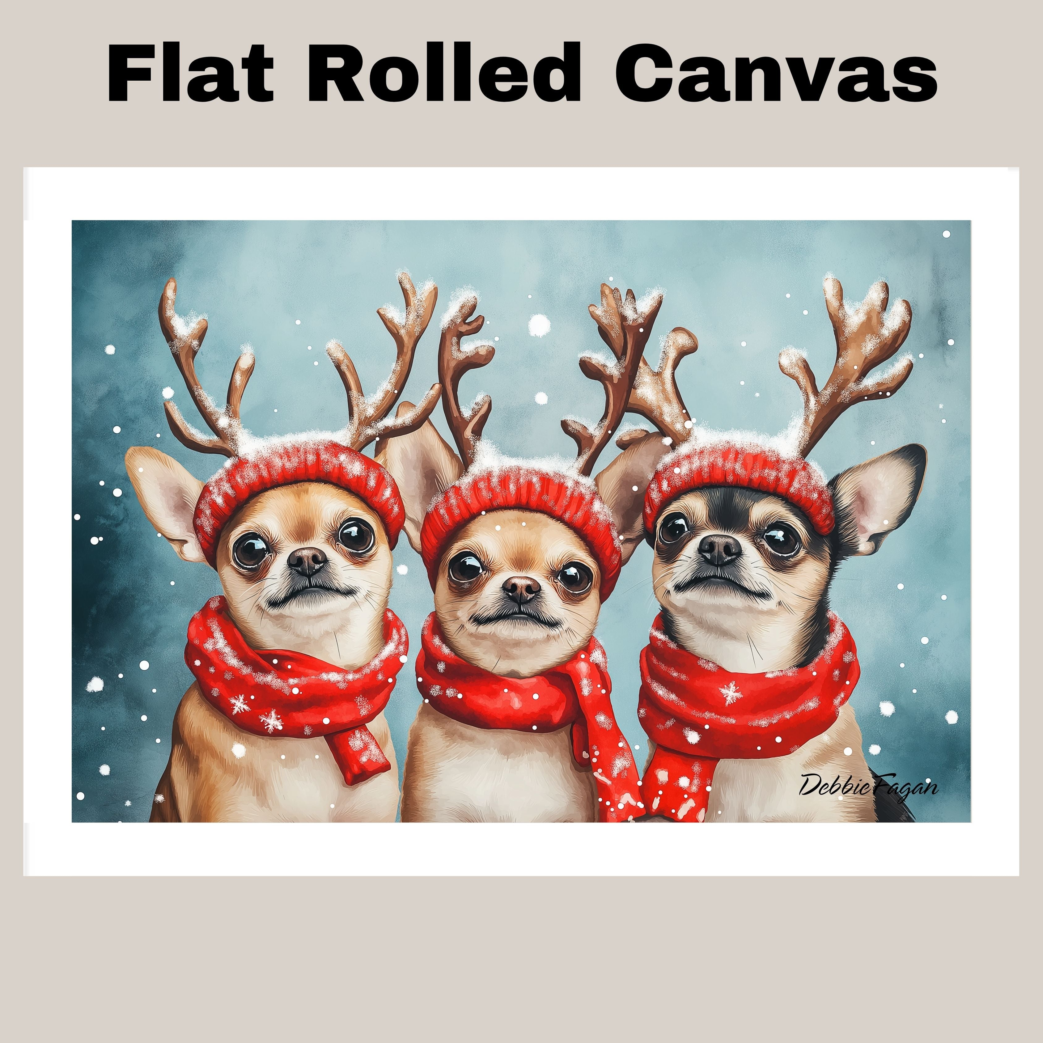 Dog Christmas Canvas  - "Chilly Chihuahuas" - Charming Chihuahua Dogs in Antlers Amidst Winter Snow on Ready to Hang 1.5" Thick Canvas Wrap, Floating Framed Canvas, Flat Rolled Canvas