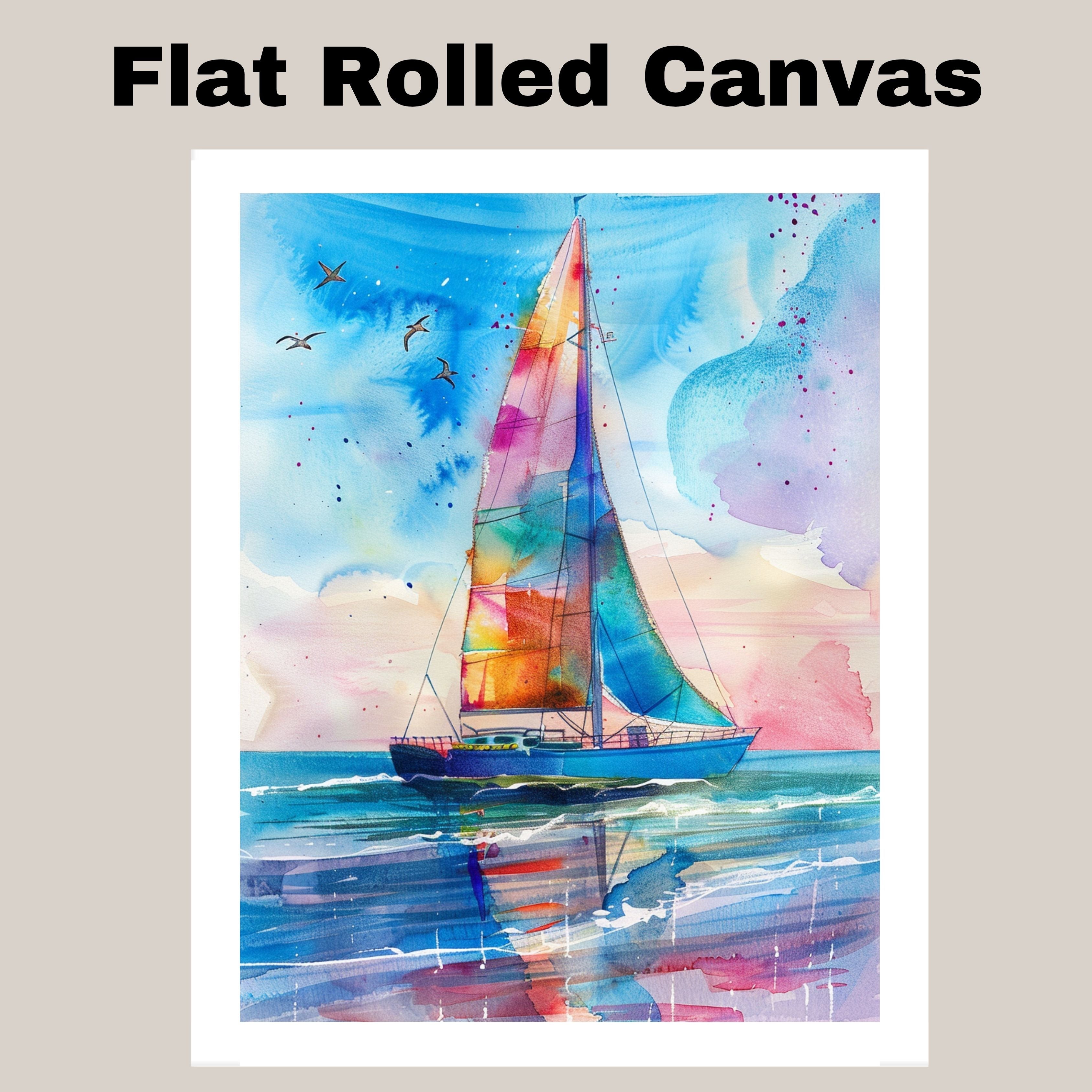 Colorful Sailboat Watercolor Painting with Ocean Reflections and Flying Birds Under Sunset Sky on Ready to Hang 1.5" Thick Canvas Wrap, Floating Framed Canvas, Flat Rolled Canvas