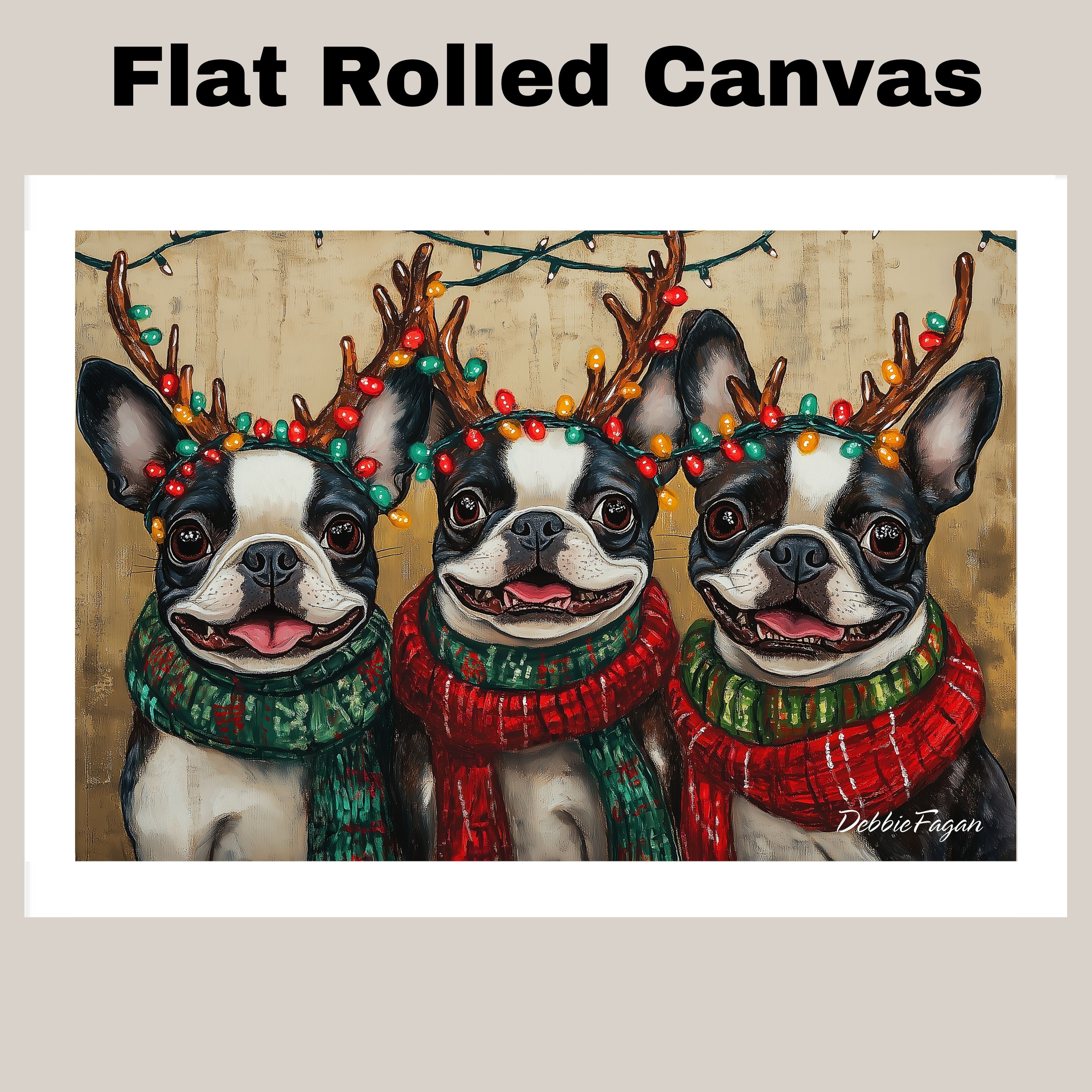 "Festive Frenchies" - Portraits of Adorable French Buldogs in Colorful Bulb Antlers & Cozy Scarves on Ready to Hang 1.5" Thick Canvas Wrap, Floating Framed Canvas, Flat Rolled Canvas