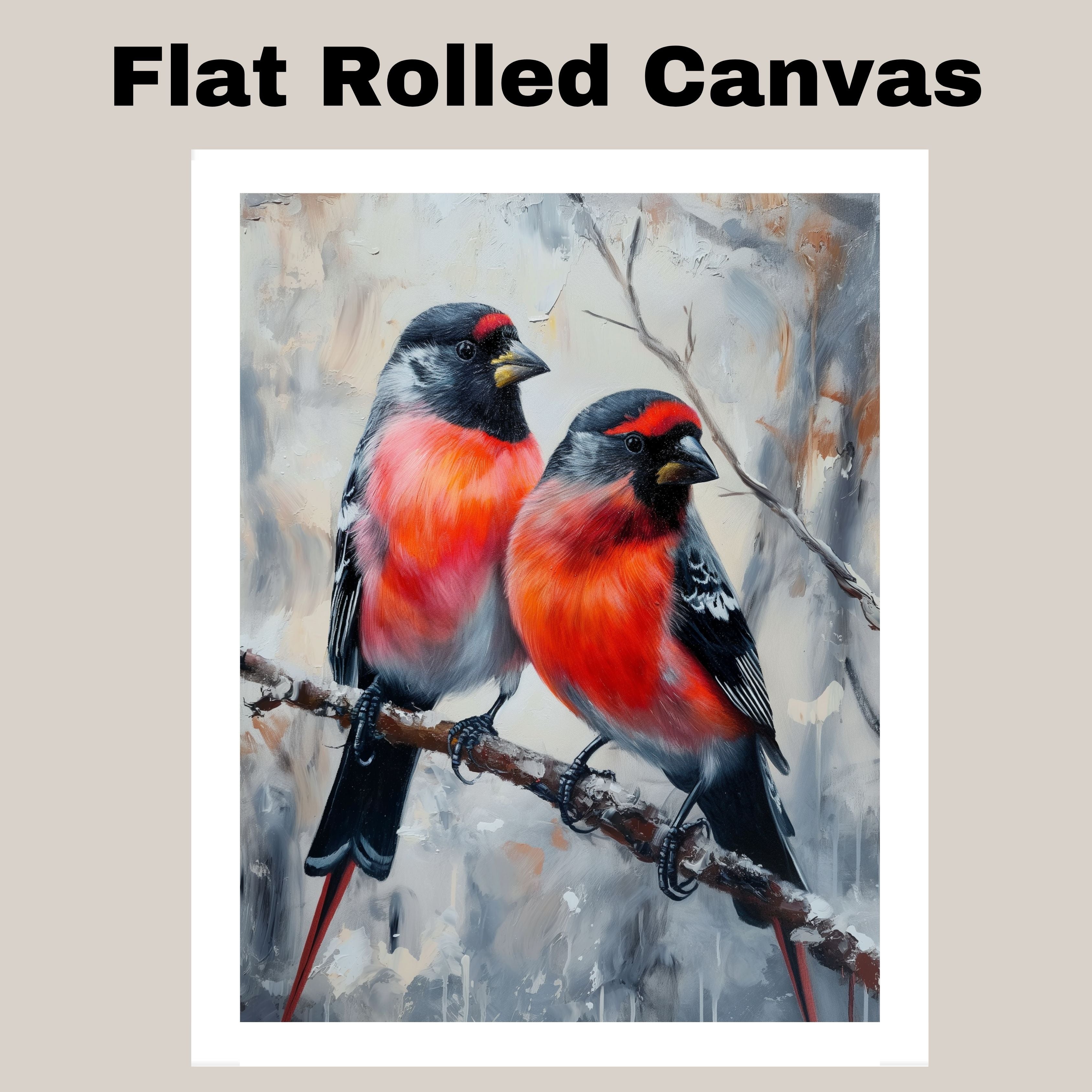 Colorful Bullfinches on Winter Branch Painting Print Featuring Red and Black Songbirds Perched in a Snowy Forest Scene with Artistic Background on Ready to Hang 1.5" Thick Canvas Wrap, Floating Framed Canvas, Flat Rolled Canvas