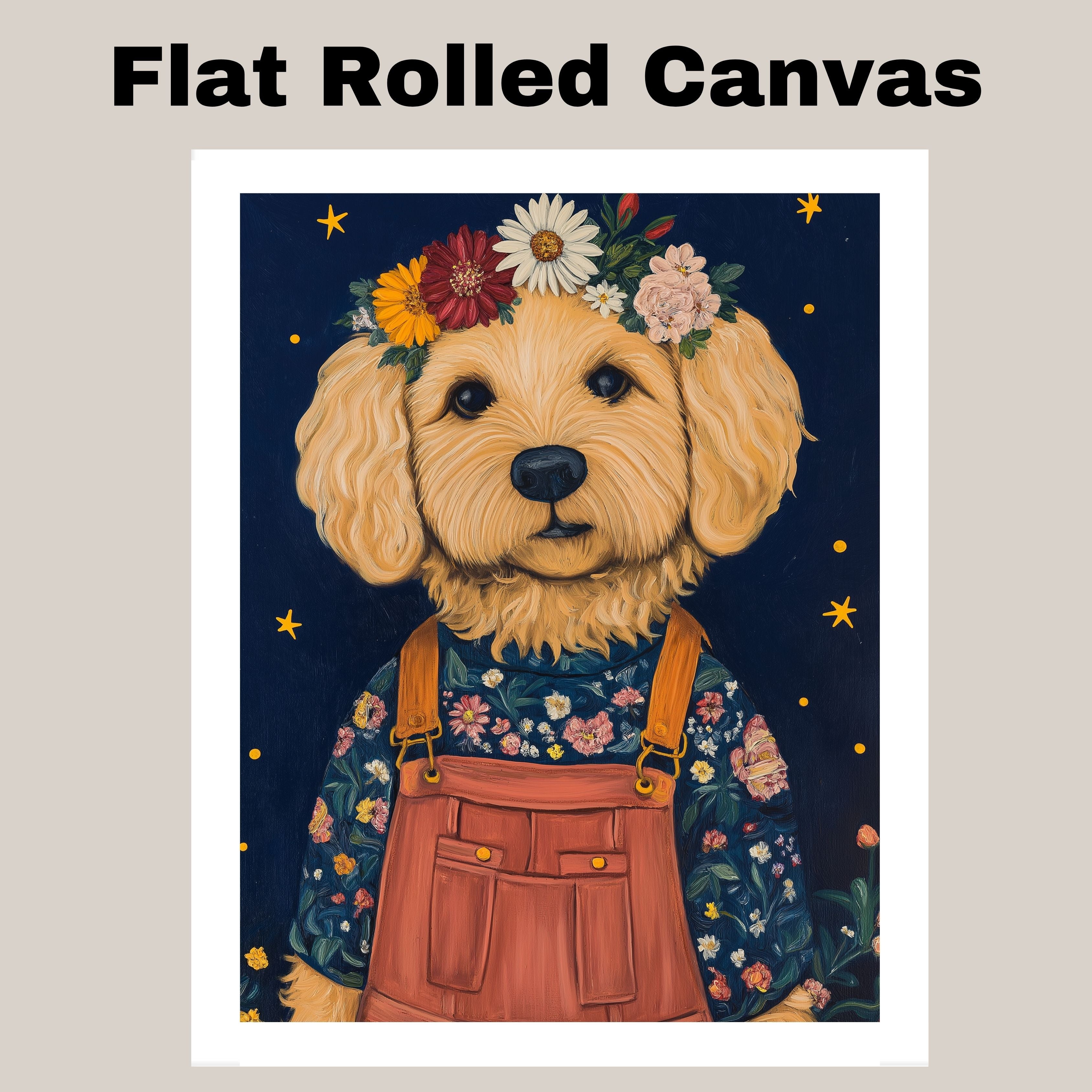 Charming Golden Doodle in Floral Overalls and Flower Crown Playful Dog Art for Nursery Kids Room Living Room Decor and Perfect Gift for Dog Lovers on Ready to Hang 1.5" Thick Canvas Wrap, Floating Framed Canvas, Flat Rolled Canvas