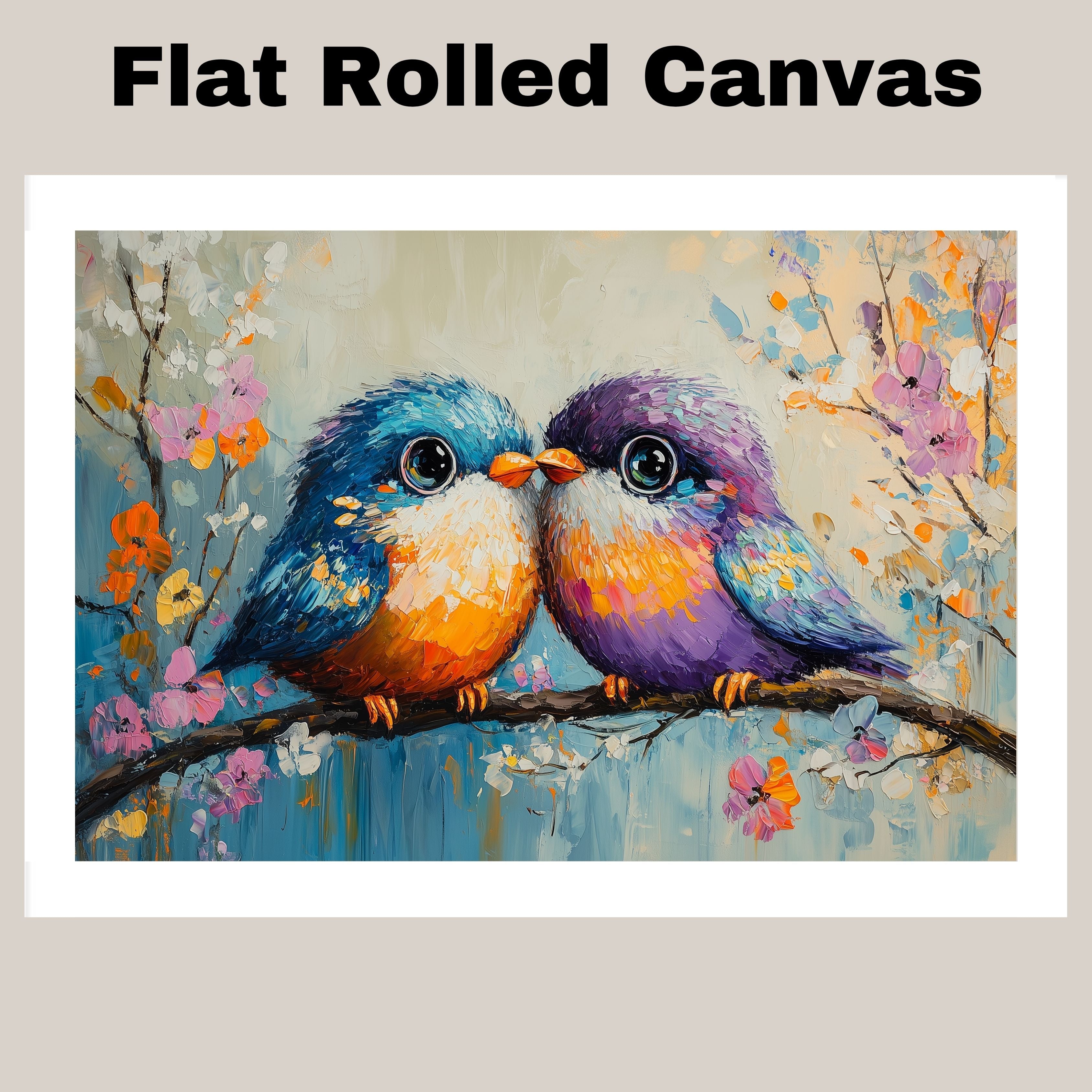 Painting of Two Plump Birds Touching Beaks While Sitting on a Blooming Branch Surrounded by Bright Spring Flowers with Vivid Feathers and Big Shiny Eyes on Ready to Hang 1.5" Thick Canvas Wrap, Floating Framed Canvas, Flat Rolled Canvas
