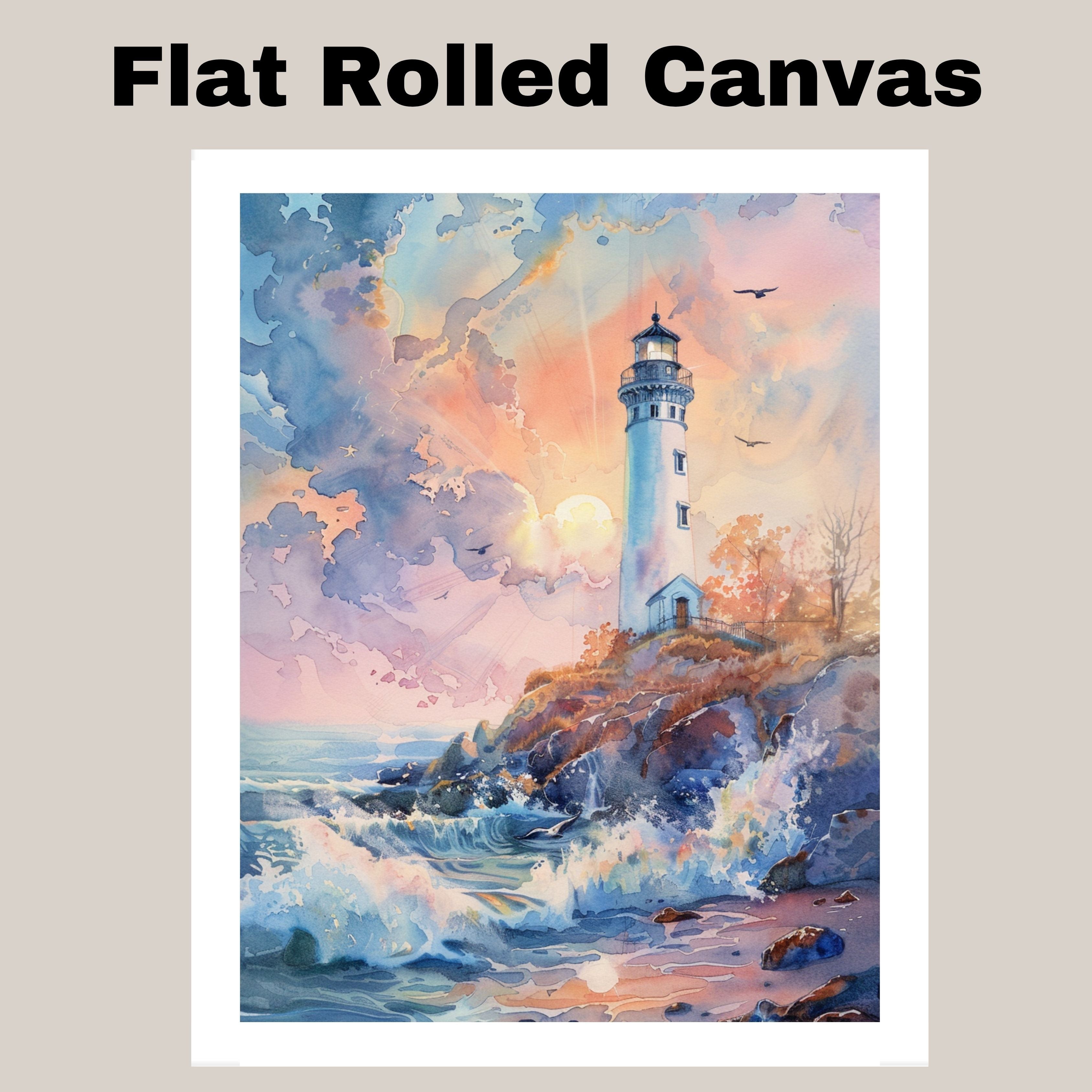 Majestic Lighthouse on Rocky Shore at Sunrise with Crashing Waves and Radiant Sky in Serene Watercolor Nautical Scene on Ready to Hang 1.5" Thick Canvas Wrap, Floating Framed Canvas, Flat Rolled Canvas
