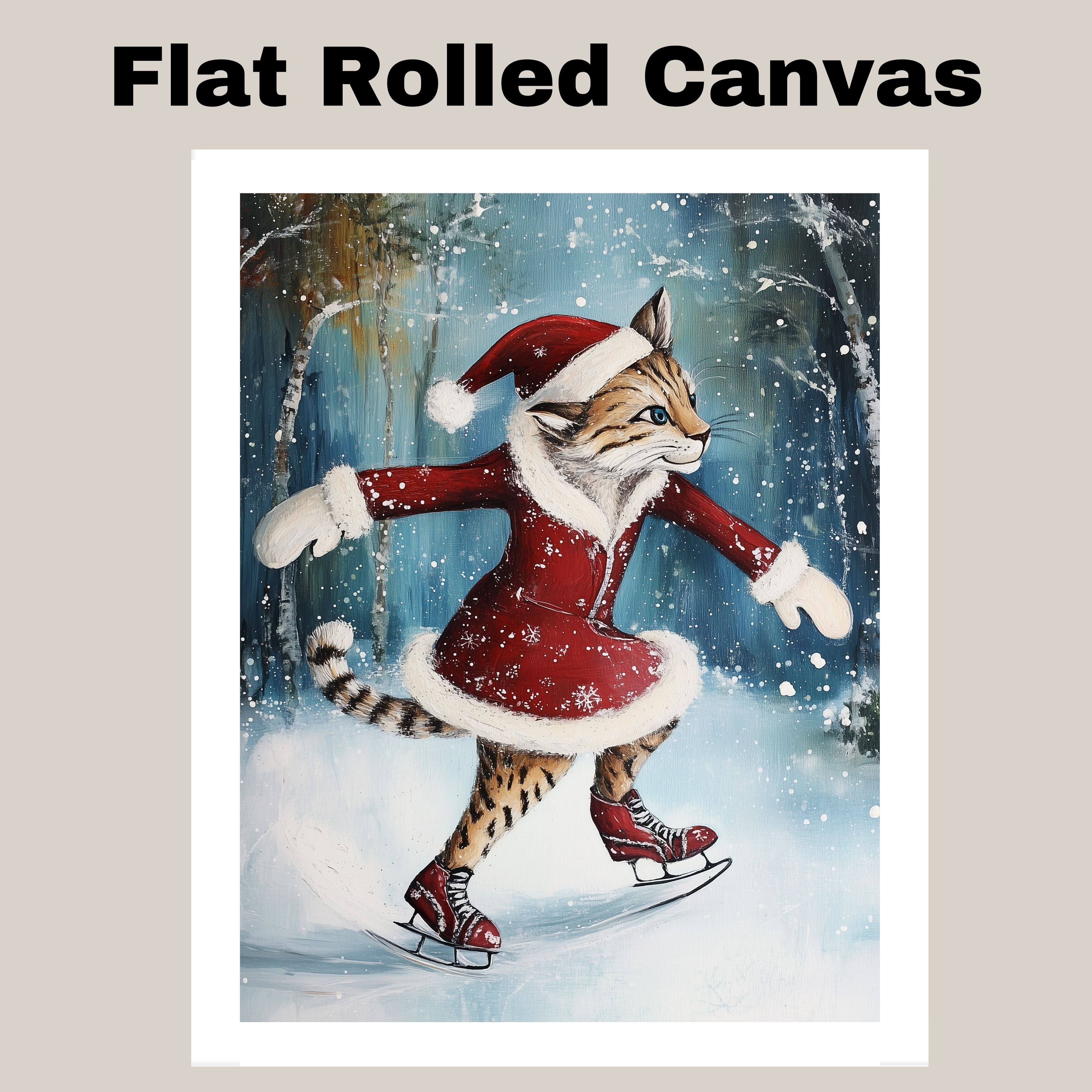 Festive Cougar Ice Skating in Red Santa Dress Whimsical Christmas Wall Art Featuring Wild Cat in Snowy Forest – Holiday Decor for Animal and Winter Art Fans on Ready to Hang 1.5" Thick Canvas Wrap, Floating Framed Canvas, Flat Rolled Canvas