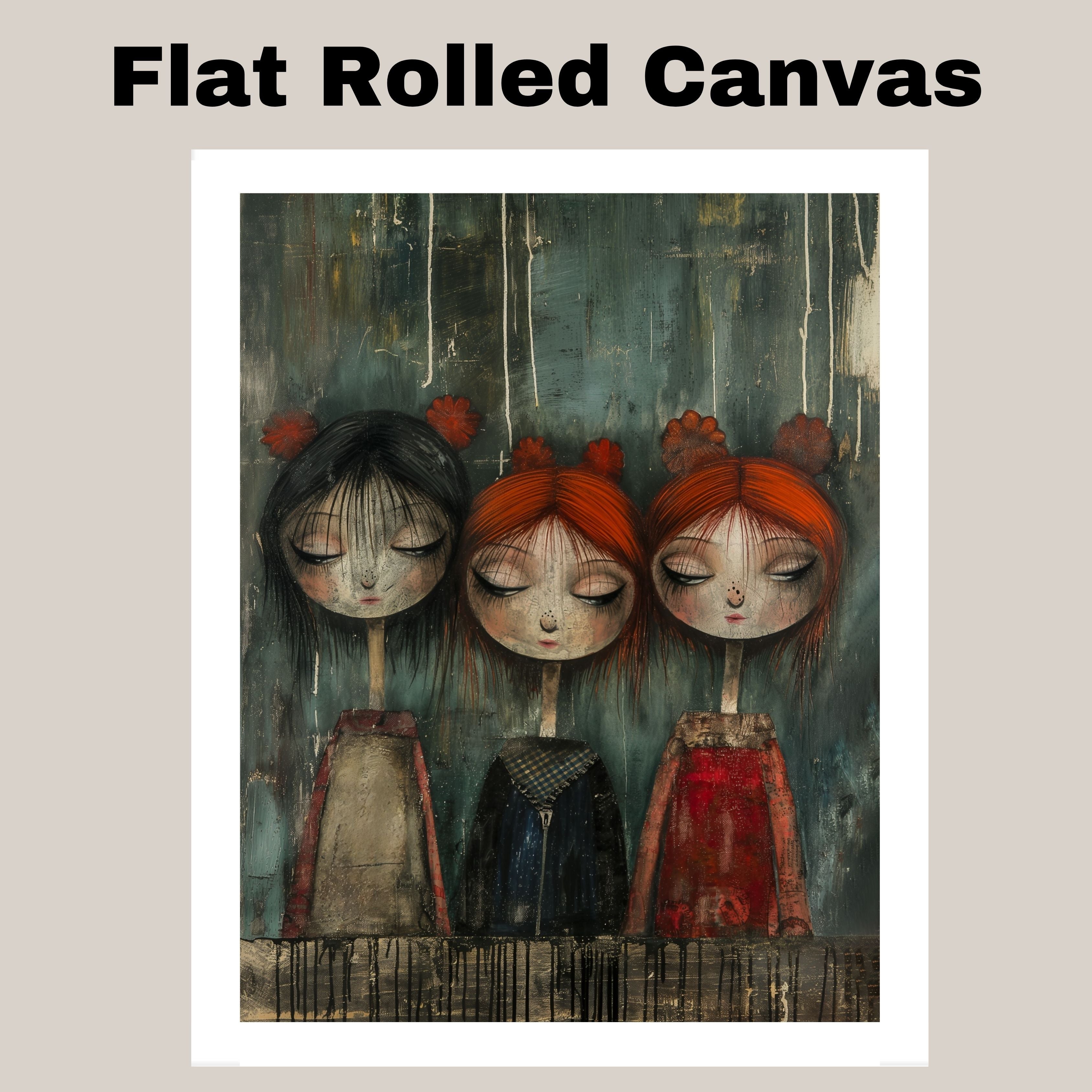 Emotional Trio of Girls Moody Hand Painted Art Deep and Expressive Portrait Perfect for Home Wall Decor Living Room Bedroom Office or Unique Gift on Ready to Hang 1.5" Thick Canvas Wrap, Floating Framed Canvas, Flat Rolled Canvas